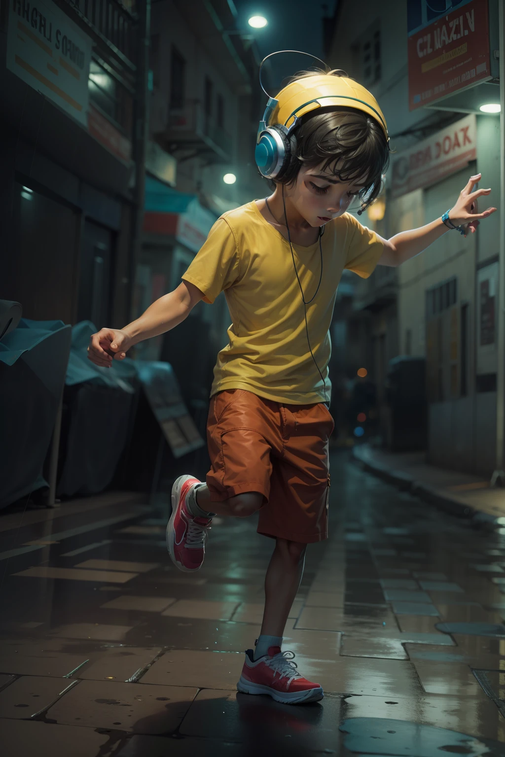 Boy dancing with headphones, no meio da cidade, a noite, pos chuva
