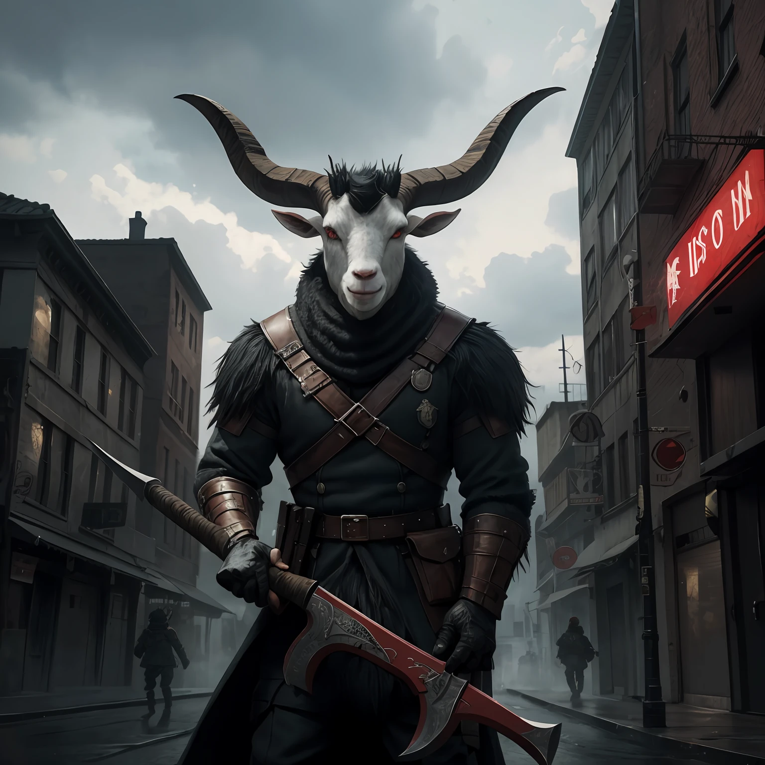 Goat-faced demon ,Wear military uniforms,Pick up the axe,red - eyed,unholy,Fierce,rampage ,Stand at the highest part of the city,Observe the city,Epic dark fantasy digital art,tmasterpiece,high qulity,8K,UHD resolution,Detailed detail drawing,realisticlying,Very realistic