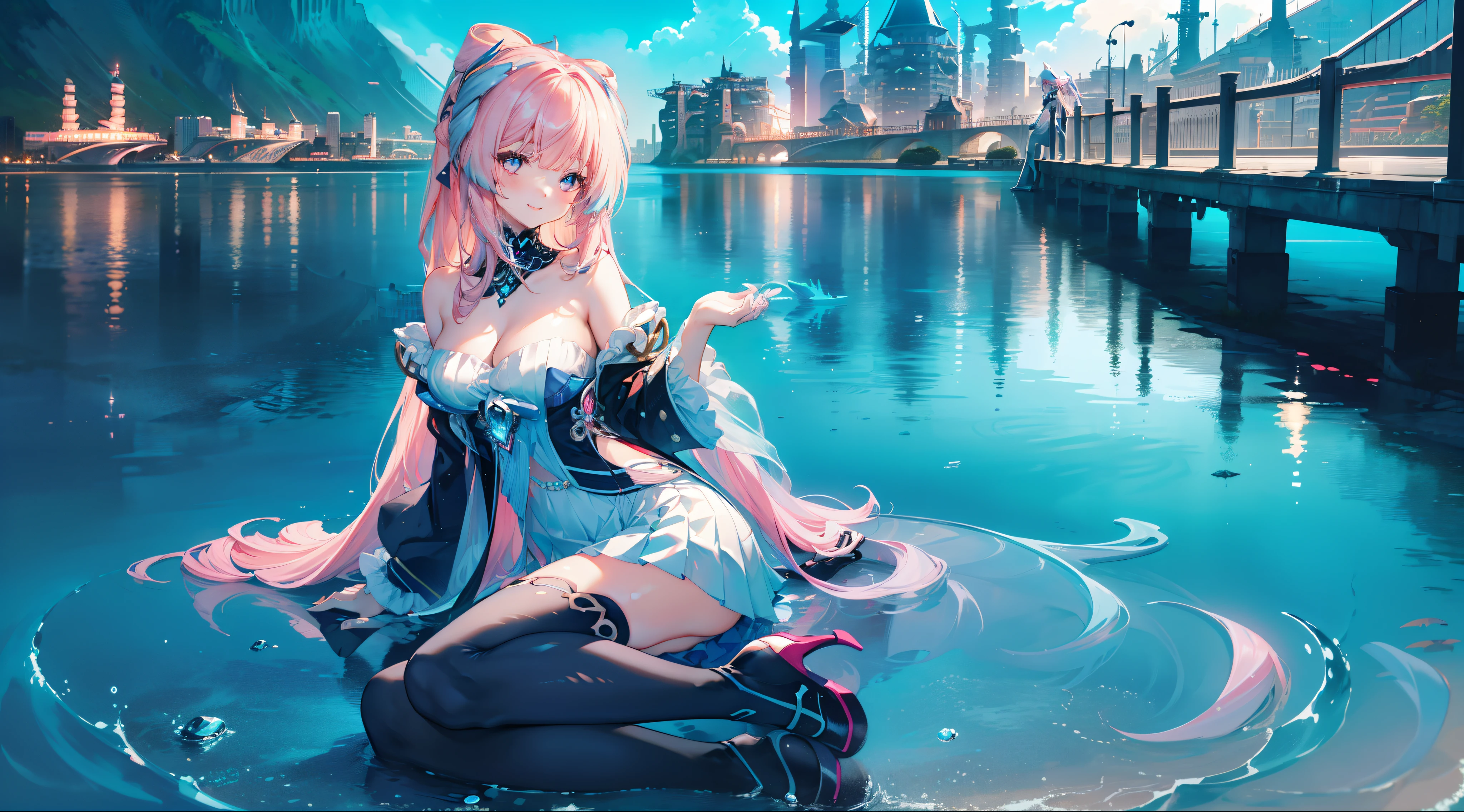 Gorgeous high heels,Under water,grabbing the breasts,Official fine art,tmasterpiece,Sharp focus,Long straight hair,Delicate and beautiful eyes and face,realisticlying,ultra - detailed,a beauty girl,blue-sky,Glowing white particles,(side-lighting:1.2),rays of sunshine,baiyun,Detailed clouds,Slender,Cute big breasts and big buttocks,Toothy laughter,((Laugh and open your eyes)),scenecy,Long straight hair, sexy facial expression, buliding, (Cityscape:1.7), Dynamic hair, Long straight hair, Delicate platinum-pink hair, glow blue eyes, (blue pleated shirt+white skirt), Long white socks, paleskin, hair adornments, epic landscapes,deep in the night,Masterpiece, Best quality,Bare shoulders, white thighhighs, Hair ribbon, Large breasts,