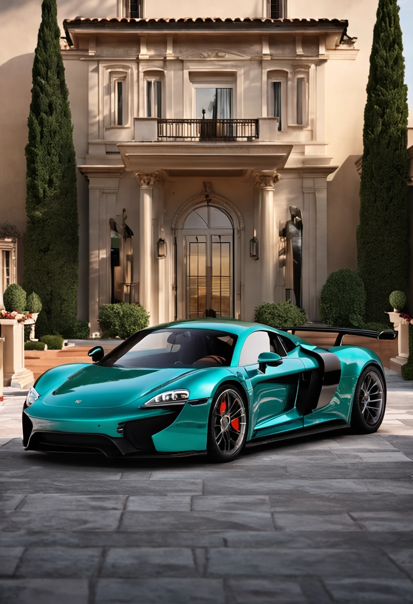 Luxury mansion with porsche, ferrari, audi R8, Maclaren and Mercedes in front of the mansion