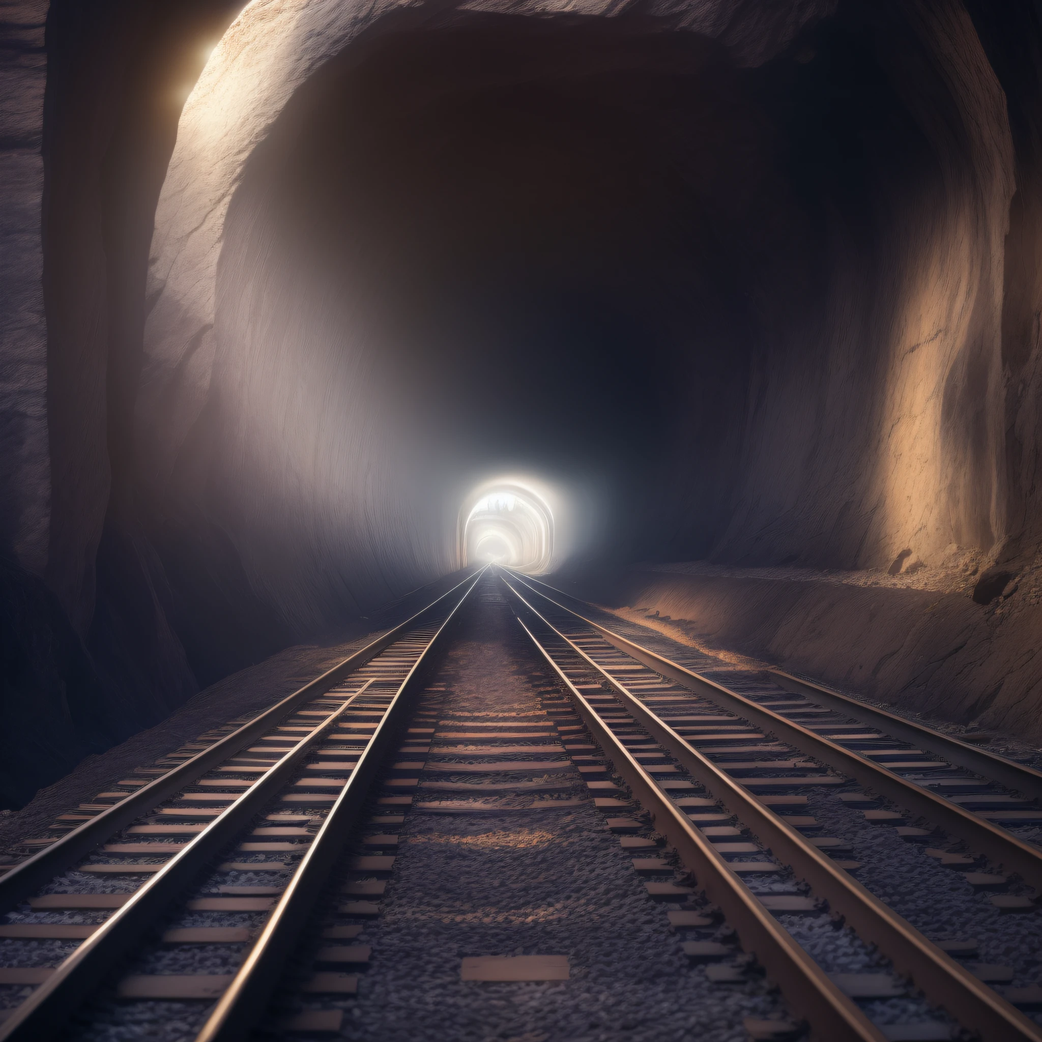 Train tracks coming out of a tunnel in the city strong light at the exit ,Moody, , fotorrealista, cinematographic scene, super detalhada, hiper realista, luzes brilhantes, 8 K