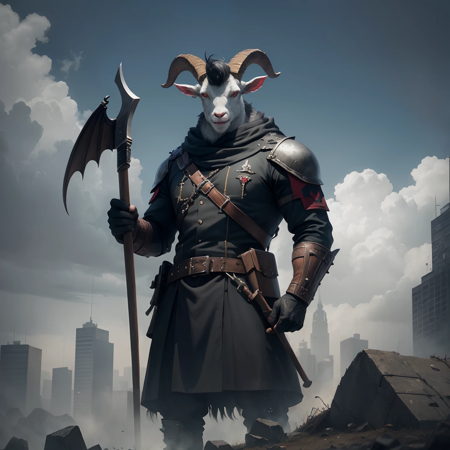 Goat-faced demon ,Wear military uniforms,Pick up the axe,red - eyed,unholy,Fierce,rampage ,Stand at the highest part of the city,Observe the city,Epic dark fantasy digital art,tmasterpiece,high qulity,8K,UHD resolution,Detailed detail drawing,realisticlying,Very realistic