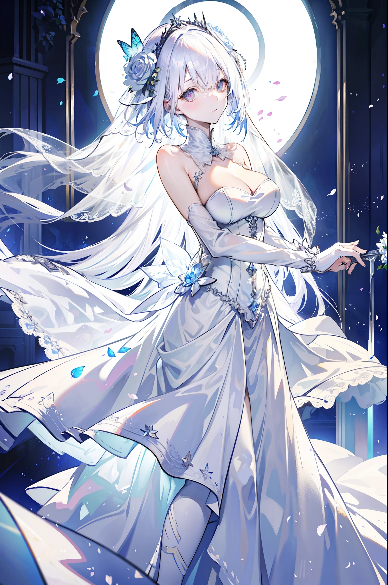 silber hair,butterflys,long whitr hair,white wedding gown,8k wallpaper,detailedbackground,Highest high resolution,deep v big breasts,Hair covers one eye,Bandeau wedding dress,chies,White rose,tight-fitting,stocklings
