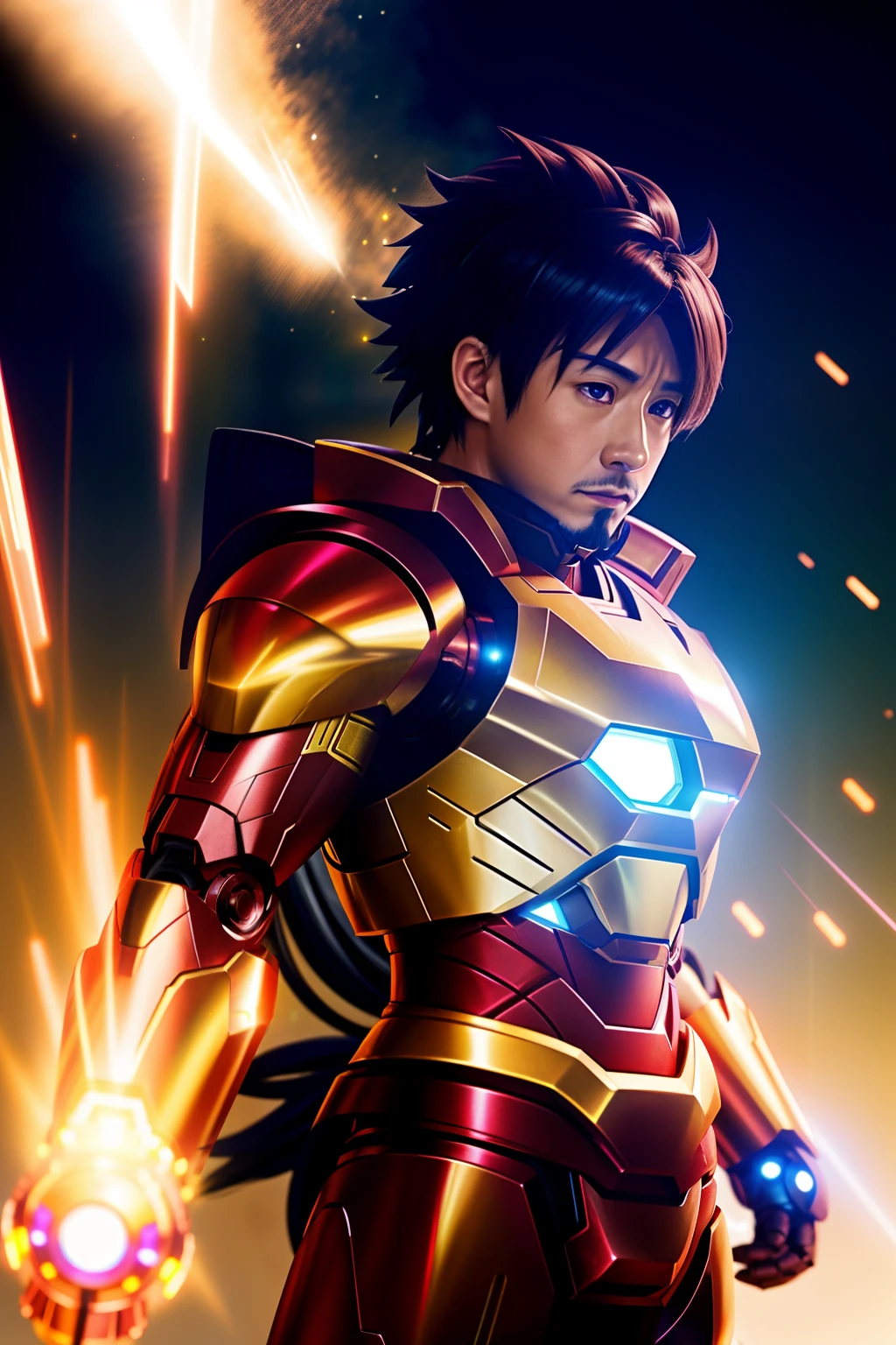 Anime characters have glowing armor and glowing lights in dark rooms, Fan art, unreal engine render saint seiya, cyberpunk iron man, like ironman, epic 8 k hd anime shot, totoro as iron man, profile shot, covered in full metal armor, Iron Man, advanced digital anime art ”, hero pose colorful city lighting, an epic anime of a energy man