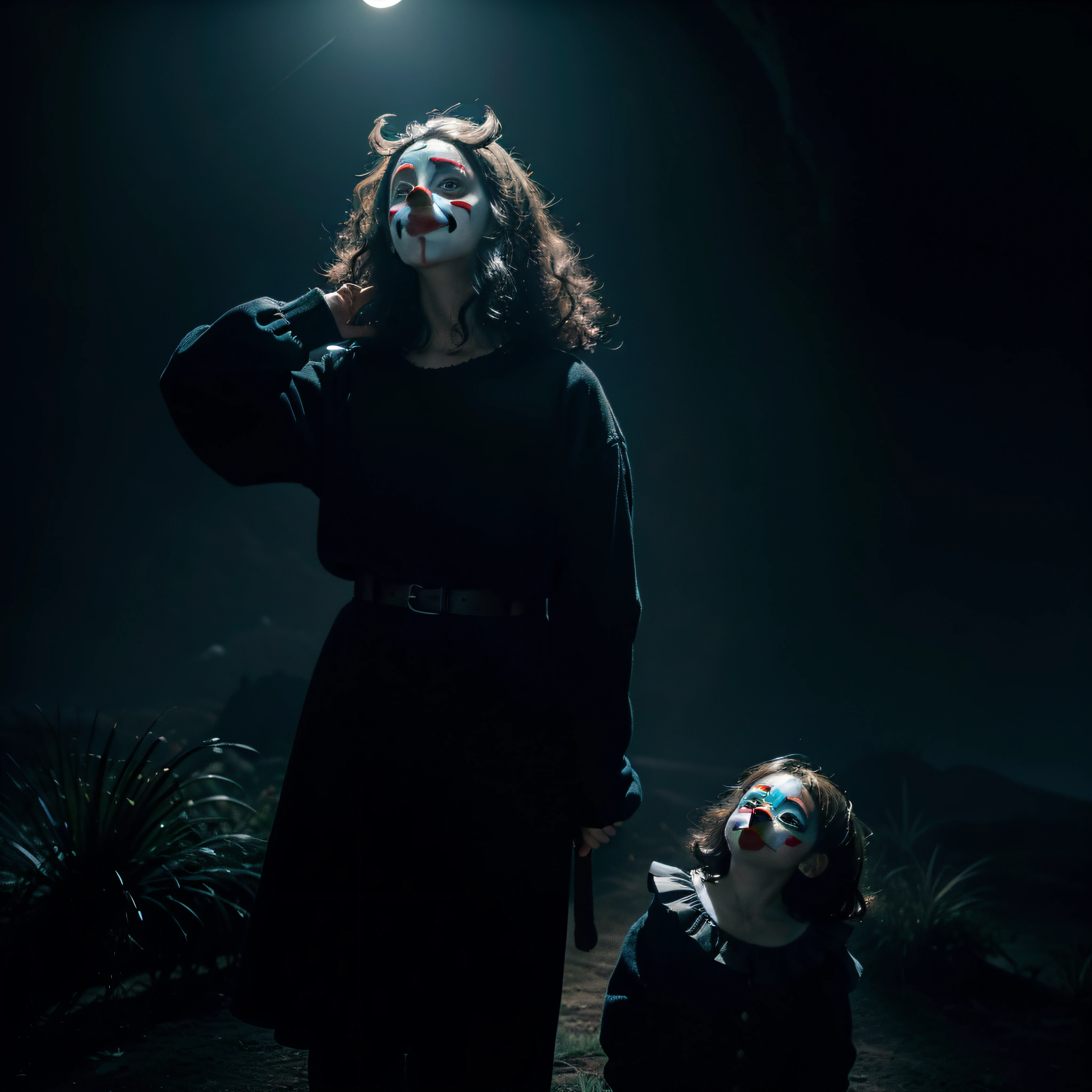 (extremadamente detallado, obra maestra, La mejor calidad, foto antigua, principios de siglo) dark kids with clown masks, iron tooths una linterna directa lo ilumina, bosque de noche. plano cercano. sangre por el suelo.