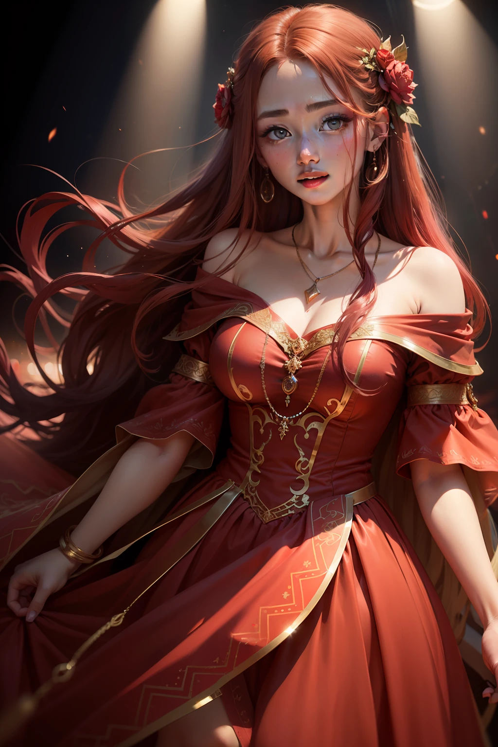 infp young woman、Beautiful fece、Eyes full of hope、Sweating、Red glittering dress、Beautiful long hair、Tall、On stage、Illuminated by lights from directly above、a necklace、