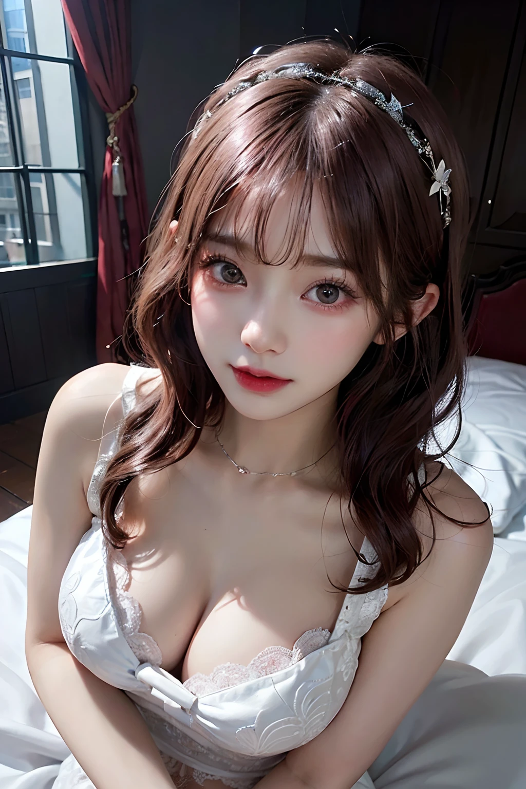 masterpiece、masterpiece、top-quality、top-quality、realisitic、Unity、8k壁纸、Official art、Highly detailed CG Unity 8K wallpapers、ulzzang-6500、(Original: 1.2)、(realisitic: 1.4)、ultra-detailliert、hight resolution、ultra-detailliert,magnifica, Sleeping on the bed、cleavage of the breast、breastsout、A wistful look、Navel、finely detail, lighting like a movie, (1girl in:1.4 ), (Pink hair), short-hair, (real looking skin:1.2), (light brown-skinned:1.2), Beautiful Girl Beautiful Details、extremely detailed eye and face、Eyes with beautiful details、huge filesize、ultra detailed and beautiful、red blush、embarrassed from、(laughingly:1.2)、Black eyes、model shoot tyle、full body photographed、on the beds、Semi-open strawberry lip、Succubus、White lace underwear、Colossal tits、Soft udder、dual,(photographrealistic:1.4), 1 girl, Looking at Viewer, korean famous actress, Lace_Wedding_Dress, Sexy, Very beautiful,kawaii, Cinematic, 35mm lens, F/ 1. 8, Accent Lighting, 8K, at luxury hotel