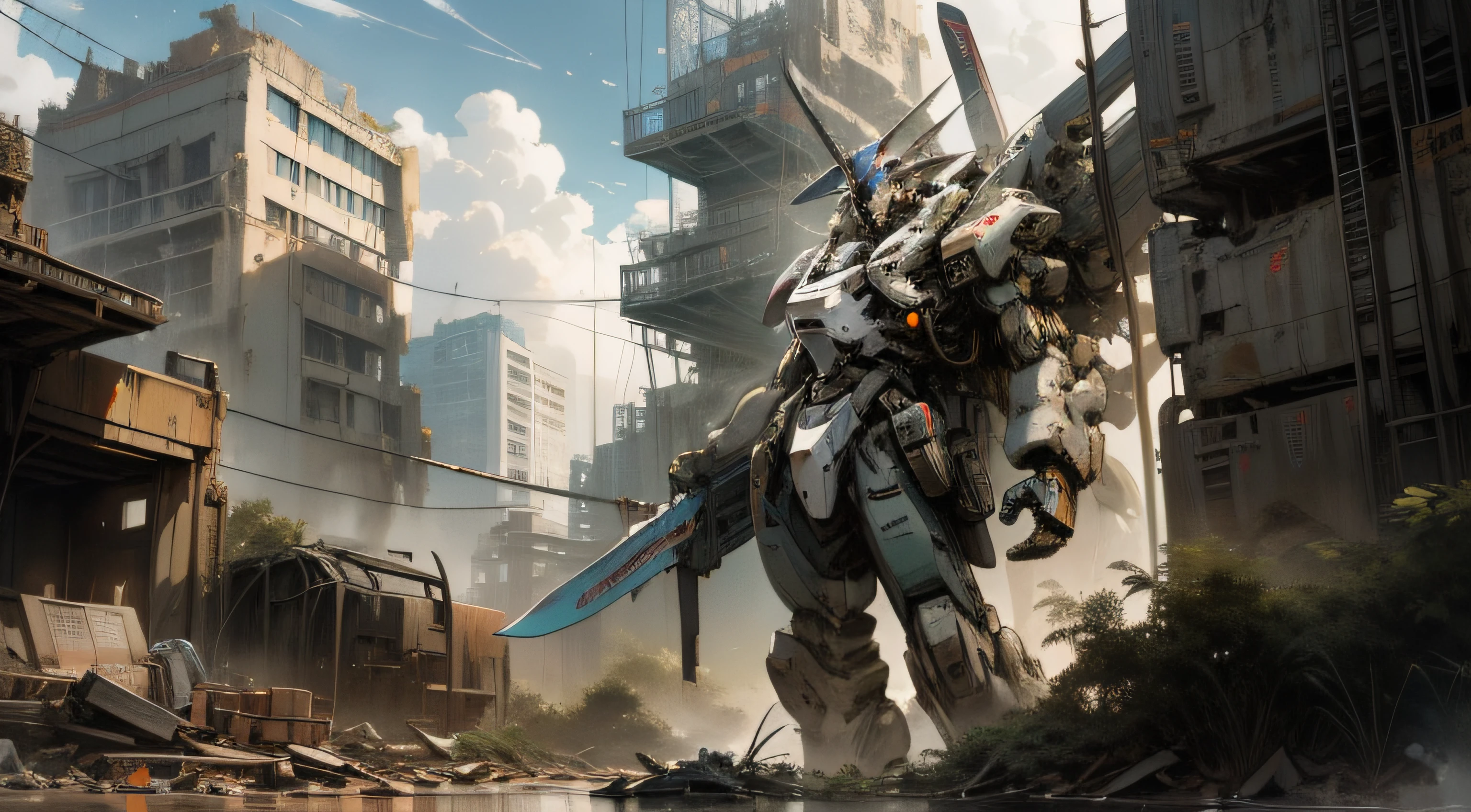 Background futuristic city ruins，On the ruins stands a Titan mech，The pilot sits on the mech's shoulder，Sky color is a gunsmoke theme，Mecha complex，Carry a super exaggerated future long-range weapon on his back，Holding a battle-damaged steel knife