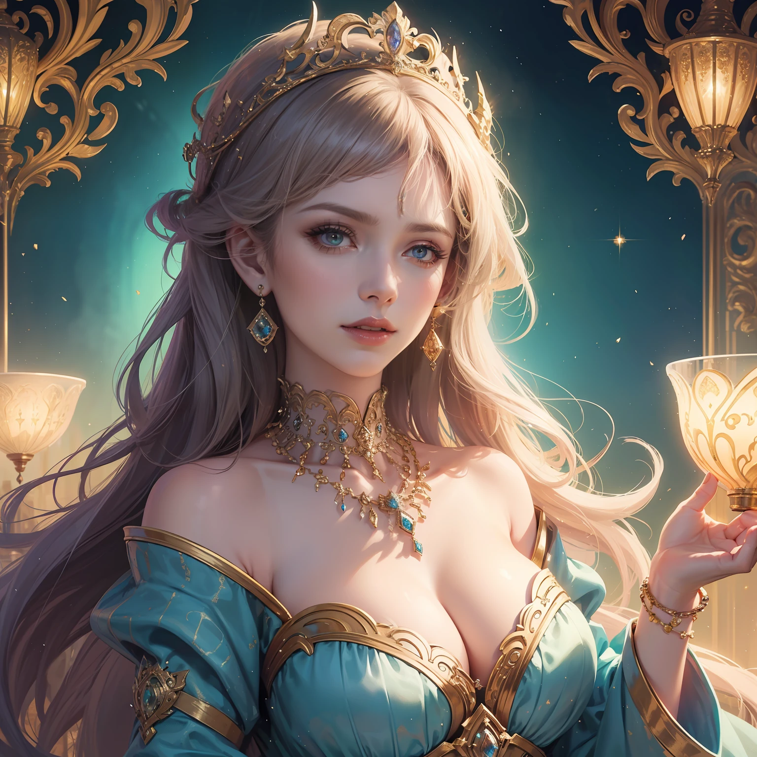 a close up of a woman wearing a necklace and earrings, 8K high quality detailed art, Fantasy art style, Beautiful and elegant queen, ((a beautiful fantasy empress)), Guviz-style artwork, Ethereal beauty, style of wlop, beautiful fantasy art portrait, Beautiful character painting, a beautiful fantasy empress, fantasy style art,Soft light effect of the light plate。