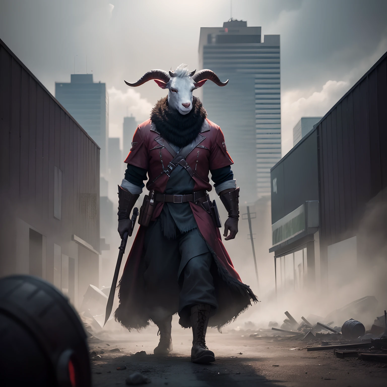 Goat-faced demon ，Wear military uniforms，Pick up the axe，red - eyed，unholy，Fierce，rampage ，Stand at the highest part of the city，Observe the city，Epic dark fantasy digital art，tmasterpiece，high qulity，8K，UHD resolution，Detailed detail drawing，realisticlying，Very realistic，Cinematic light,an award winning photograph, author：Lee Jeffries Nikon D850 Film Stock Photo 4 Kodaport 400 Camera F1.6 lens rich colors hyper realistic lifelike texture dramatic lighting unrealengine trending on artstation cinestill 800,