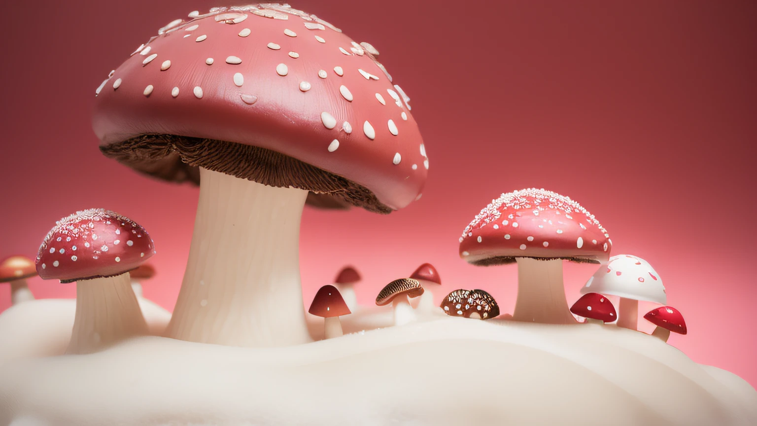 mushrooms. mushroom. maquete. Foto realista. mushroom rosa. maquete. mushroom cor de rosa. Neve branca.