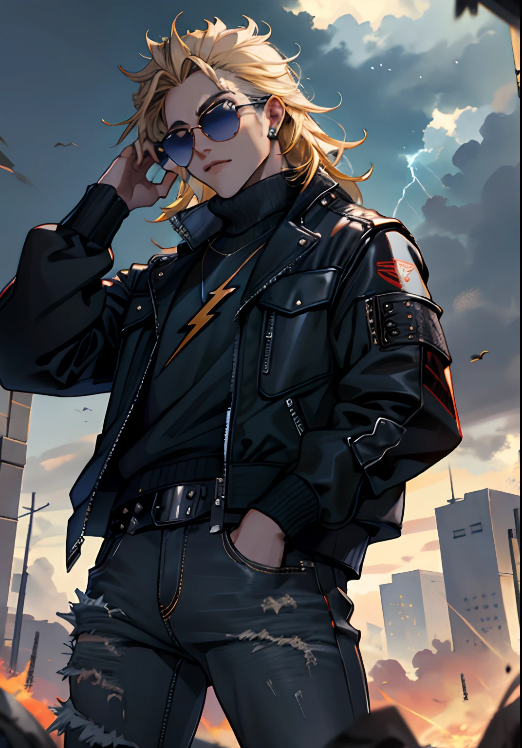 ((Melhore o rosto)), ((piece of master, obra prima, melhor qualidade)), ultra detalhado 8k, Absurdo, 1 Odin masculino, Solo wearing a studded motorcycle jacket and black jeans, (Posar: Metallica), with sunglasses,, raios ao redor de si, thunders, thunders , cabelo blond, cabelo longo, roupas pretas, vestes pretas, Nebula and smoke, Pano preto, both hands together holding a lightning bolt, a thunderclap, tempo fechado, tempo nublado, Tempo escuro, Cidade, raios ao redor , com o planeta terra no fundo, and lightning in the hand, With guitar in the mother, anime style