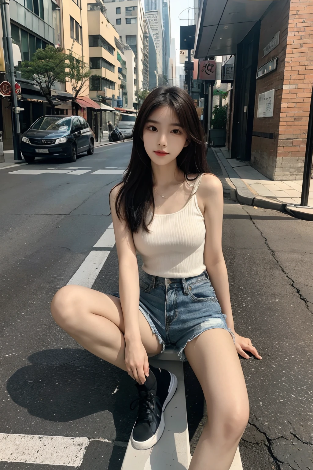 Beautiful girl,is wearing a shorts,the street,spread their legs