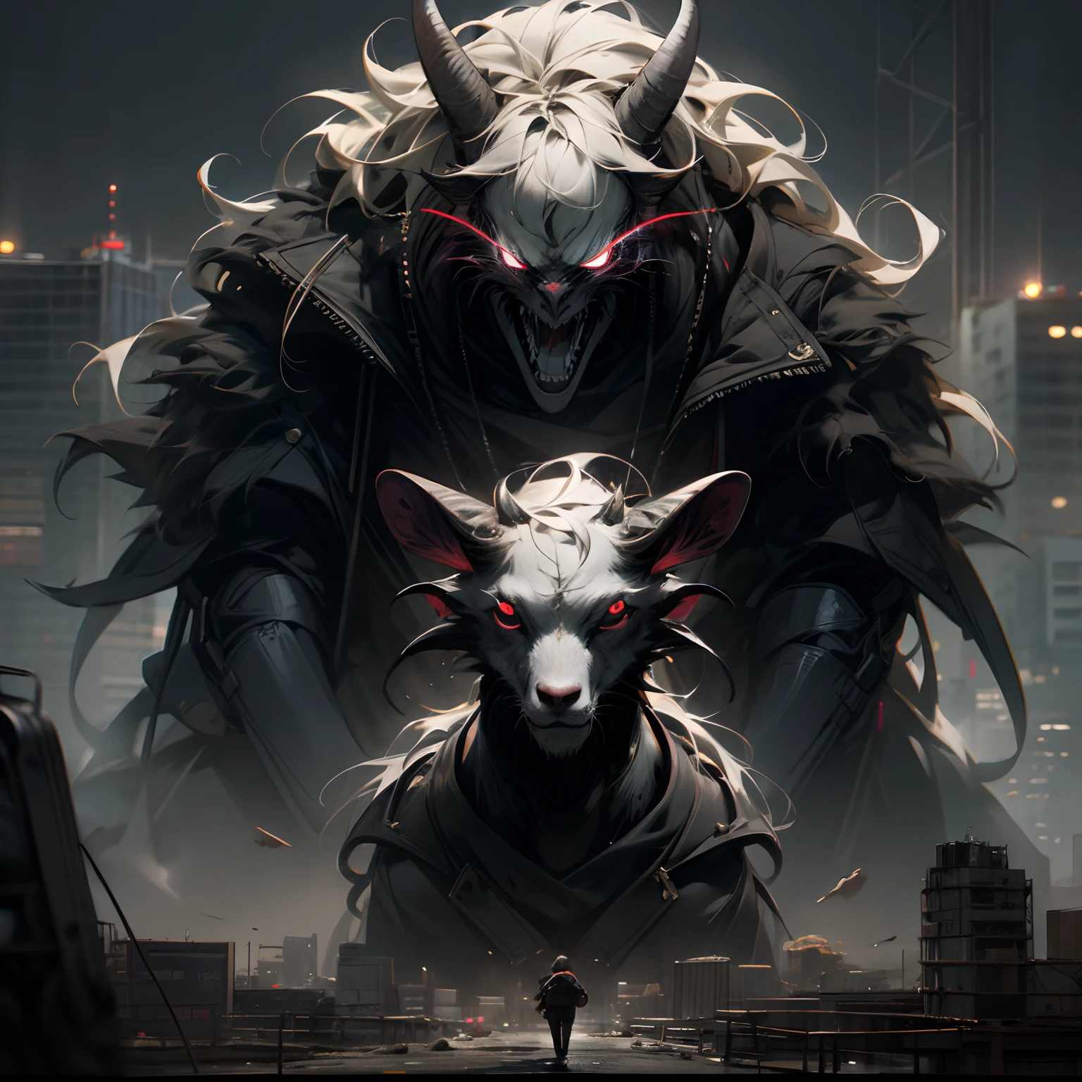 Goat-faced demon ,Wear military uniforms,Pick up the axe,red - eyed,unholy,Fierce,rampage ,Stand at the highest part of the city,Observe the city,Epic dark fantasy digital art,tmasterpiece,high qulity,8K,UHD resolution,Detailed detail drawing,realisticlying,Very realistic,Cinematic light,an award winning photograph, author:Lee Jeffries Nikon D850 Film Stock Photo 4 Kodaport 400 Camera F1.6 lens rich colors hyper realistic lifelike texture dramatic lighting unrealengine trending on artstation cinestill 800,