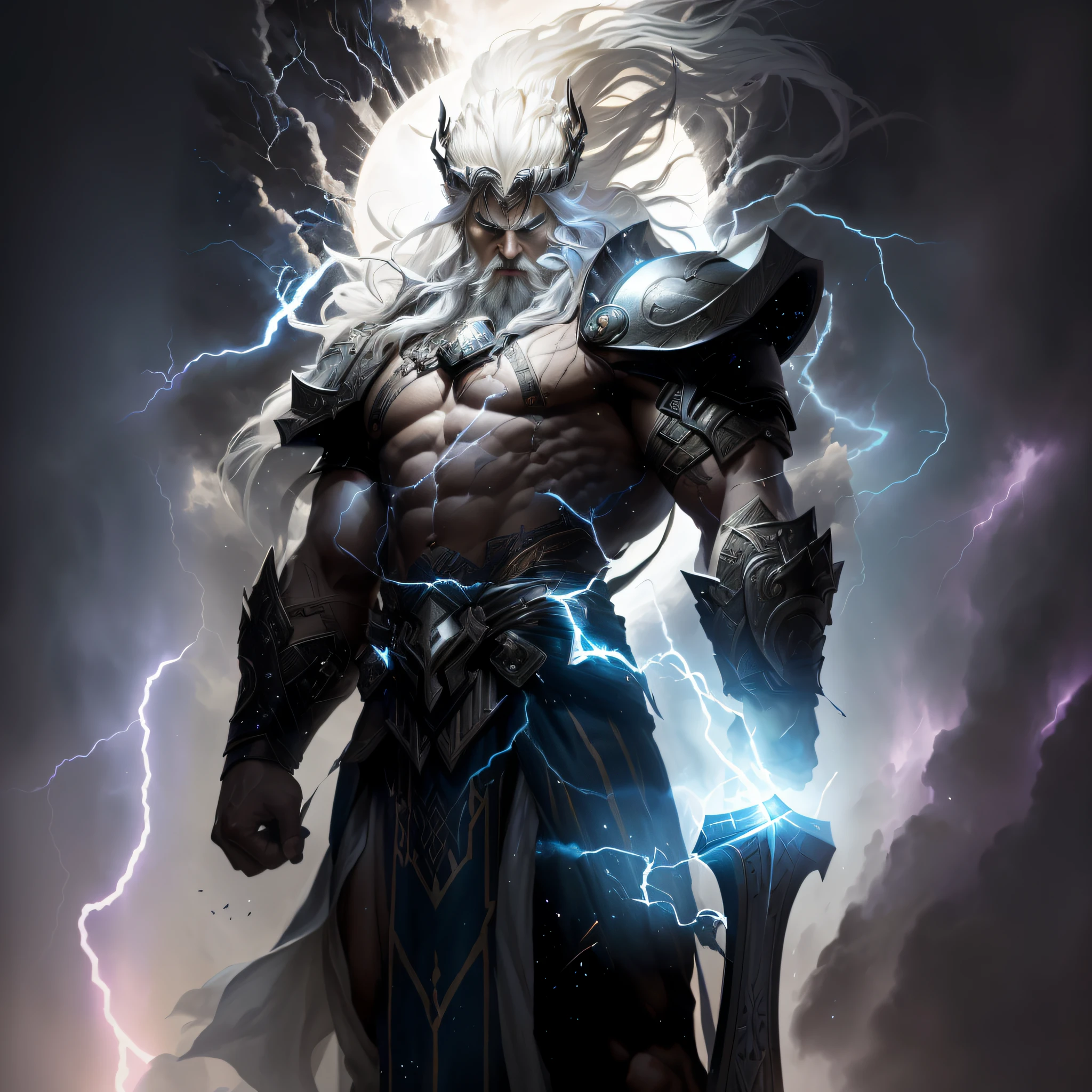 Close-up of a man holding a sword and lightning,Angry Zeus,god of thunder,epic scene of Zeus,Epic fantasy character art,the god zeus,black thor,Godrays digital painting,Rugged painted portrait of Zeus,fit male demon with white horns,Norse gods,storm egyptian god。