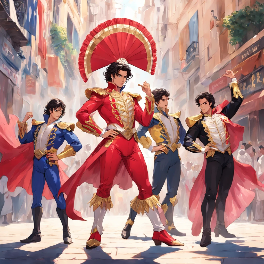 Locomia, spanish male pop gay band, male dancers, male flamenco dancers, male singers, colorful costumes, pointy shoes, flamenco costumes, bullfighter costumes, dancing with fans, holding fans, giant fans, flamenco fans, boy band, power rangers, super sentai, tokusatsu, 80s, glamourous long curly hair, Ranger costumes, Ranger armors, complete costumes, complete armors, super-hero costumes, super-hero armors, space suit, space armor, the power of music, the power of dance, the power of art, the power of sound, the power of the elements, helmet like hat, masterpiece, best quality, movie still, floating in the sky, close-up, bright, happy, warm soft lighting, sunset, (sparks:0.7)