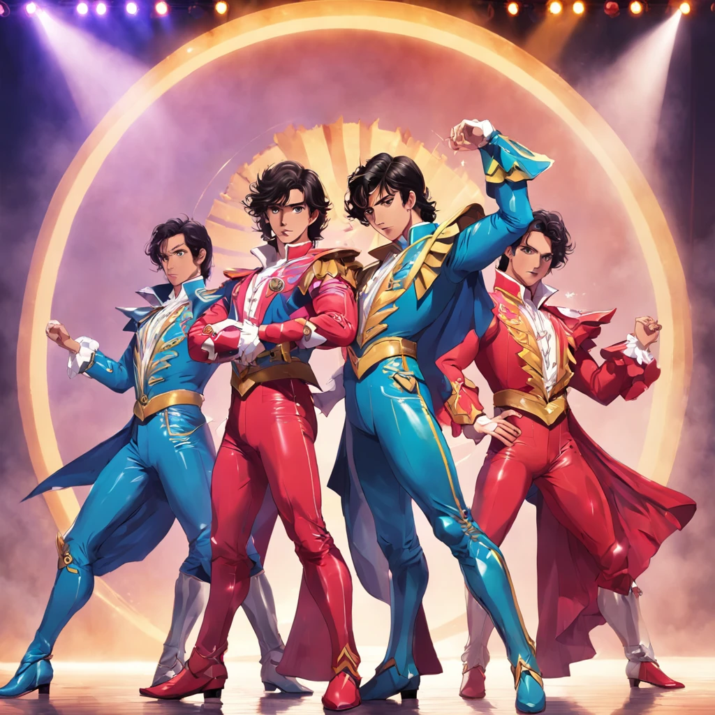 Locomia, spanish male pop gay band, male dancers, male flamenco dancers, male singers, colorful costumes, pointy shoes, flamenco costumes, bullfighter costumes, dancing with fans, holding fans, giant fans, flamenco fans, boy band, power rangers, super sentai, tokusatsu, 80s, glamourous long curly hair, Ranger costumes, Ranger armors, complete costumes, complete armors, super-hero costumes, super-hero armors, space suit, space armor, the power of music, the power of dance, the power of art, the power of sound, the power of the elements, helmet like hat, masterpiece, best quality, movie still, floating in the sky, close-up, bright, happy, warm soft lighting, sunset, (sparks:0.7)