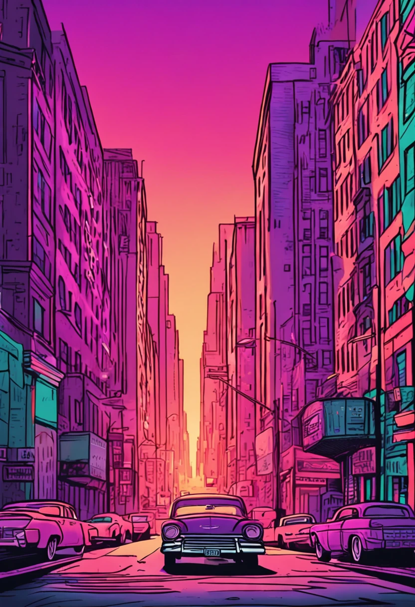retro street view down the main road with a view of Manhattan henge, the sun just above the horizon glowing a purple haze