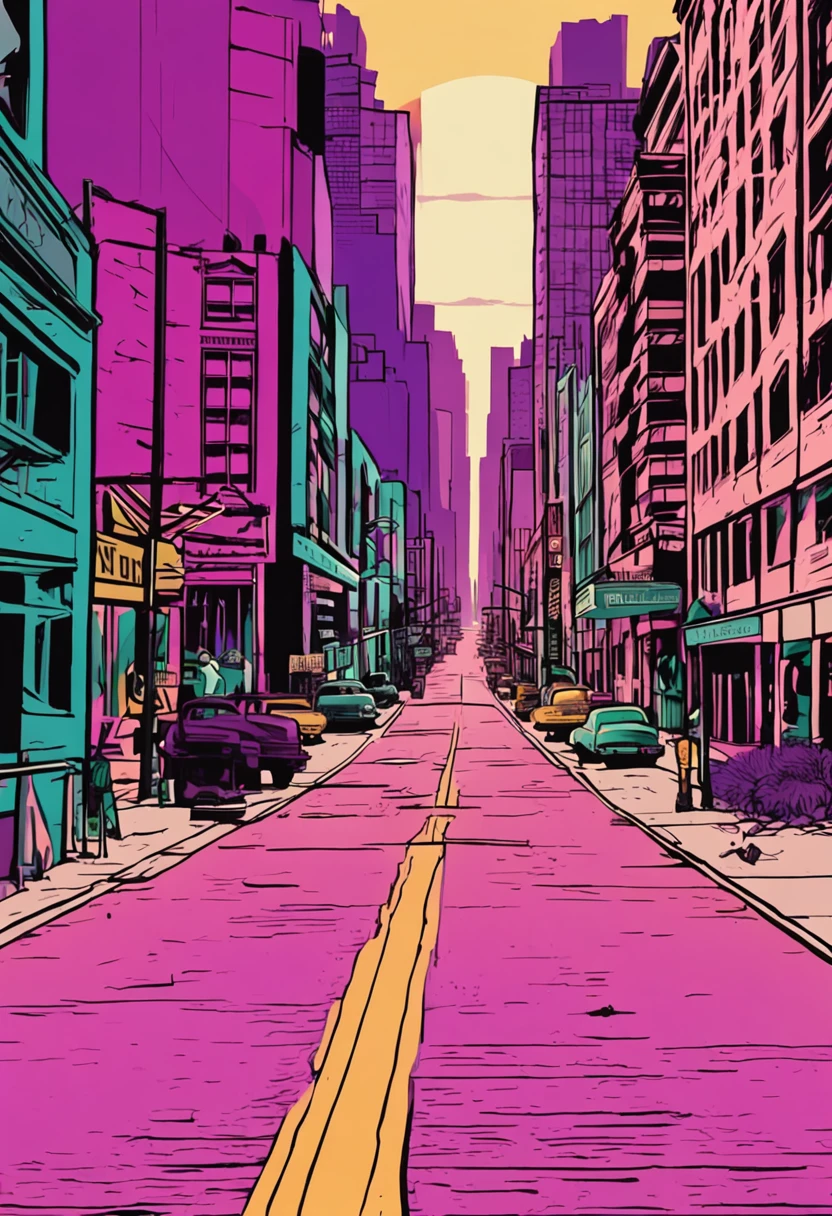 retro street view down the main road with a view of Manhattan henge, the sun just above the horizon glowing a purple haze