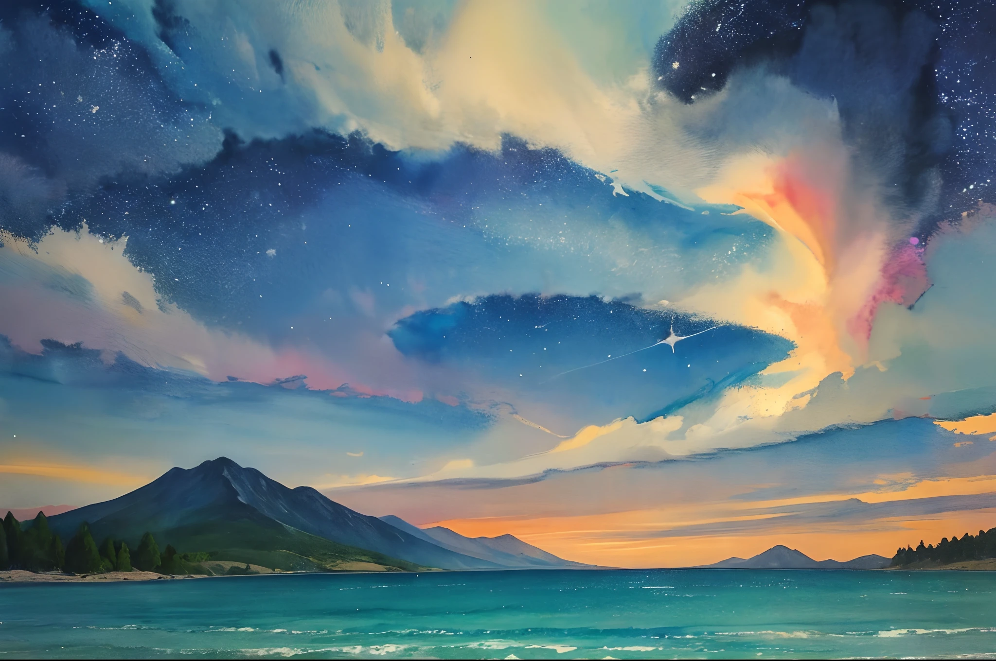 There are mountains and waters,There are stars in the sky,ink and watercolor painting,a picture