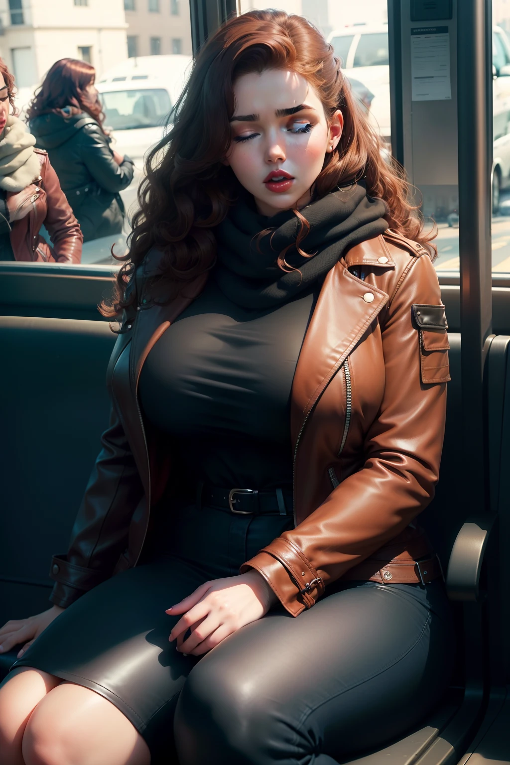 1 beautiful woman, adult, large body, voluptuous woman, red lips, brown hair, curly hair, outlined eyelids, made-up eyelids, made-up face, leather jacket, black jacket, black scarf, blue jeans, black bag, sleeping sitting on the bus, mouth open, eyes closed.