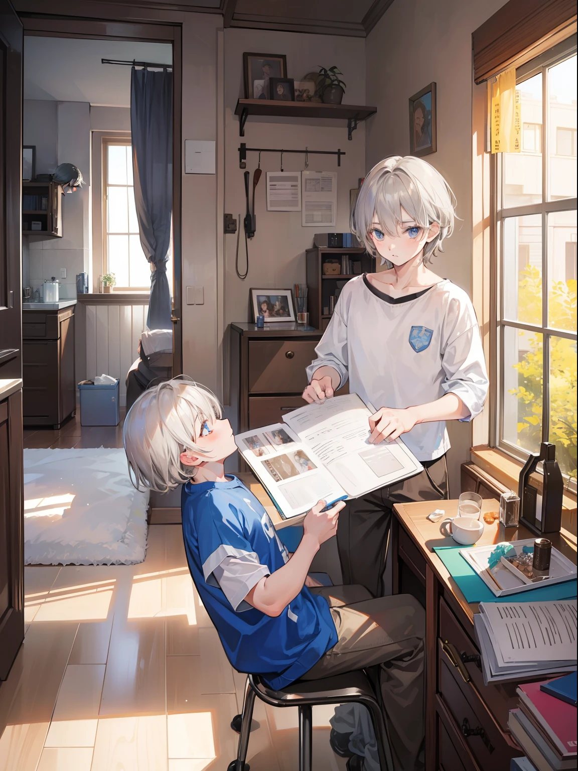 Two Boys, Silver-haired boy and brown-haired boy, Boy's room、Studying、Boys Love、hight resolution、ultra-detailliert