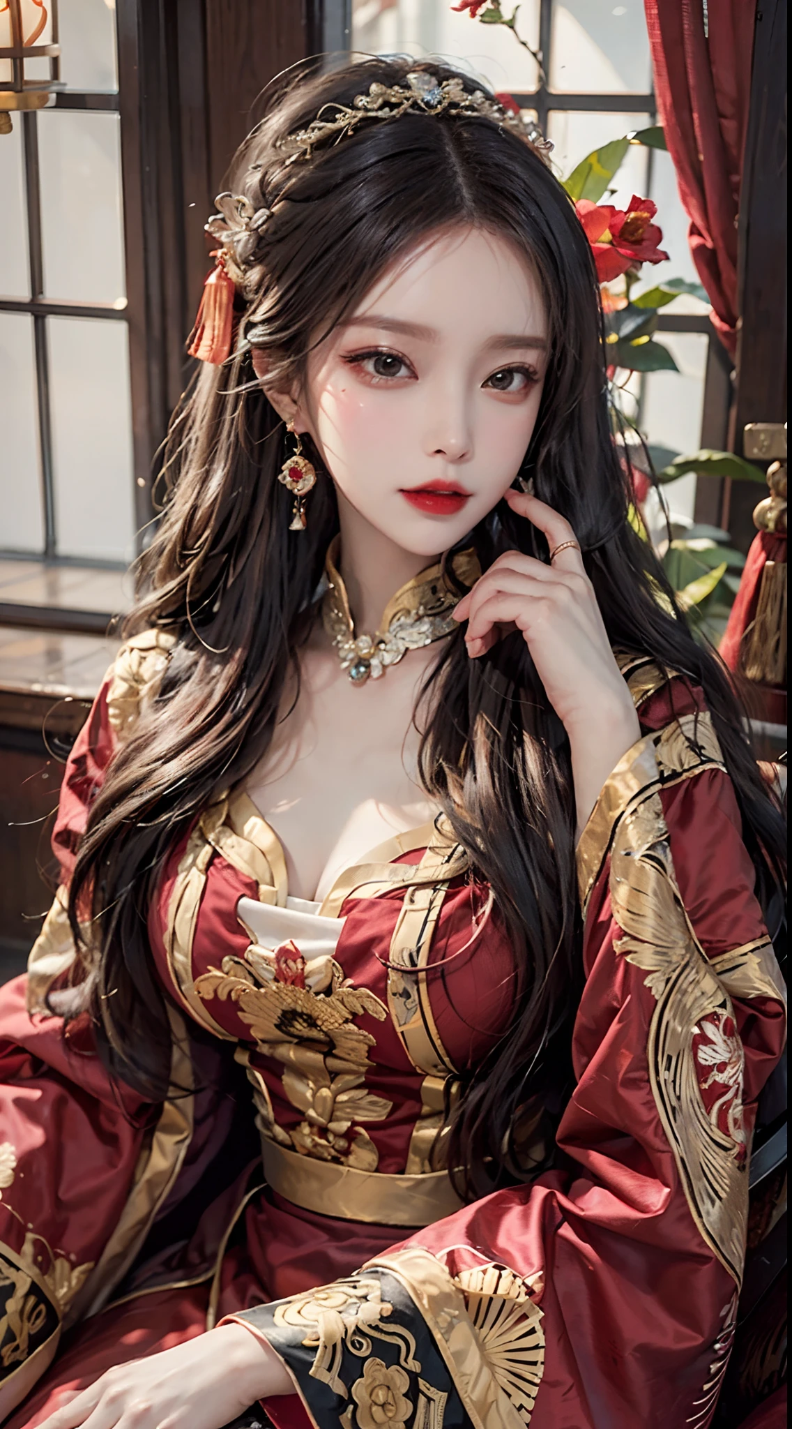 (Ultra-realistic 8k CG: 1.2), perfect artwork, delicate patterns, intricate details, (unparalleled masterpiece, best quality: 1.2), (extremely complex: 1.2), a woman in a red and gold dress, phoenix crown, hair stick, (sitting on a red bed), makeup, blush, shyness, black_hair, looking down, cosmetics, (forehead point), (2 red candles), Chinese_clothes, curtains, earrings, hair_ornament,hanfu, interior, jewelry, red nails, long_sleeves, red dress, red lips, tassels, (red quilt), (red palace: 1.2), (ancient Chinese architecture), (red: 1.8), night