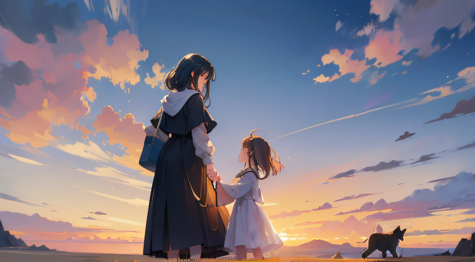 Generate an illustration in a charming illustrative style depicting a woman, her daughter, and their dog gazing at a beautiful sunset. The three figures stand together, forming a small family group, on a serene hillside or beach. The setting sun bathes the scene in warm hues, casting a golden glow over their faces and surroundings. The woman's expression should reflect a sense of contentment and love, as she shares this moment with her daughter and loyal canine companion. The illustration should capture the bond between them and the simple joy of appreciating nature's beauty together.