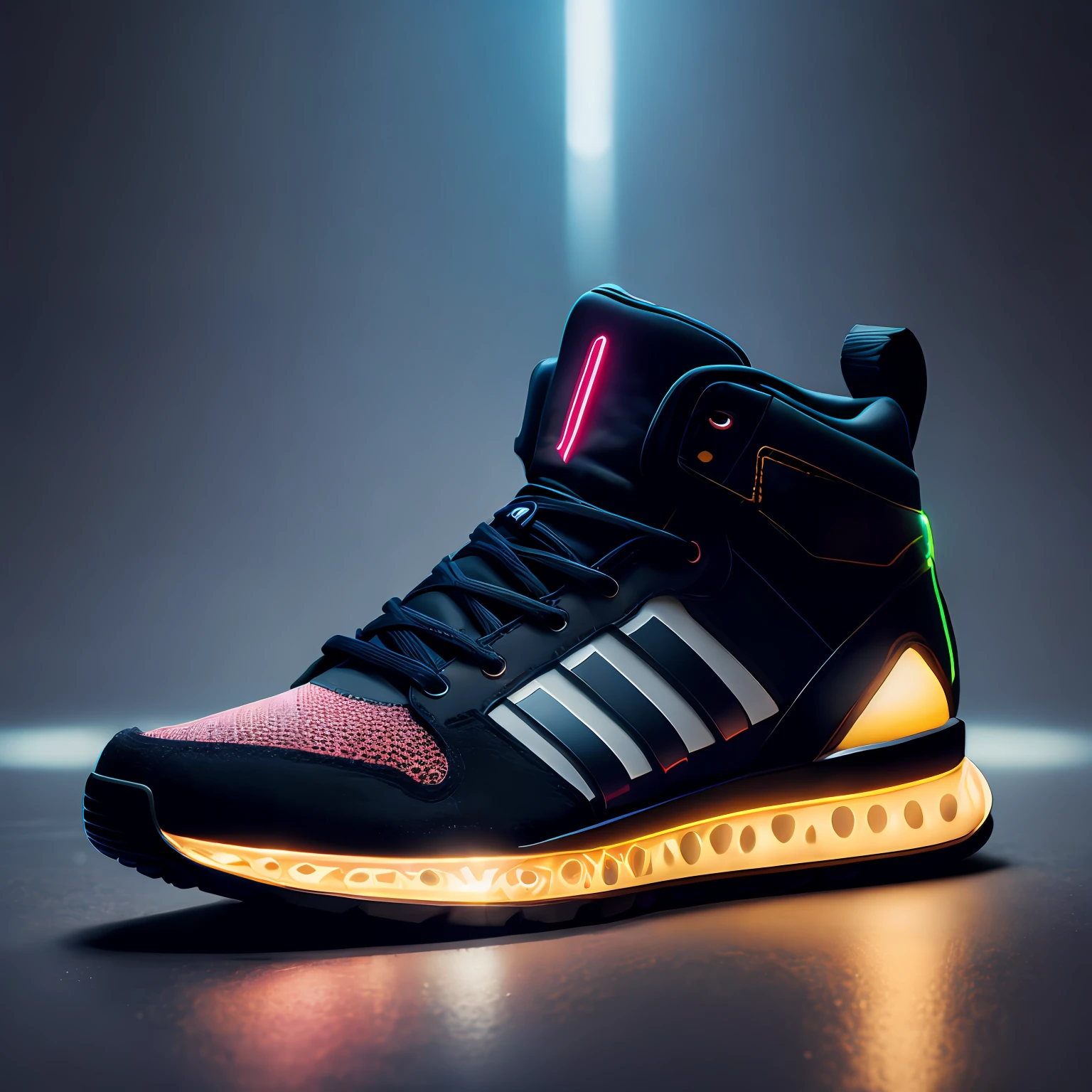 product photography of a cybepunk sneakers, epic render, octane, atmosphere, particles, soft volumetric lights, (backlit:1.3), (cinematic:1.3), intricate details, (ArtStation:1.3)