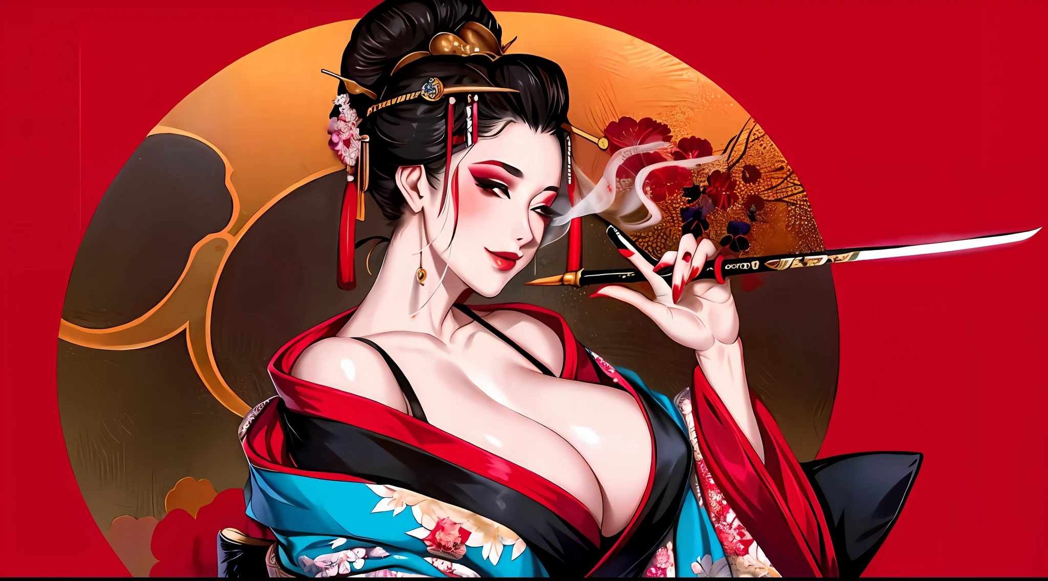 (Masterpiece, Best Quality:1.3), (thick lineart), (faux traditional media), highres, official art, best illustration, (8k resolution), oiran, 1 girl, solo, bad-girl, face with blood, bloody face, face with blood, bare shoulders, black hair, brown eyes, cleavage, eyeshadow, floral print, flower, hair ornament, hair stick 1girl, mature female, solo, japanese clothes, from above, breasts, obi, stylish, intricate, fantastic, fairytale, fantasy art, (detailed face), 1, right hand up, holding, holding smoking pipe, lefr hand down, left hand holdung katana sword, katana sword with blood, japanese clothes, kanzashi, kimono, kiseru, large breasts, lipstick, looking at viewer, makeup, nail polish, off shoulder, red lips, red nails, sarashi, smoking pipe, solo, tattoo, updo, upper body, white background, mature female, seductive smile