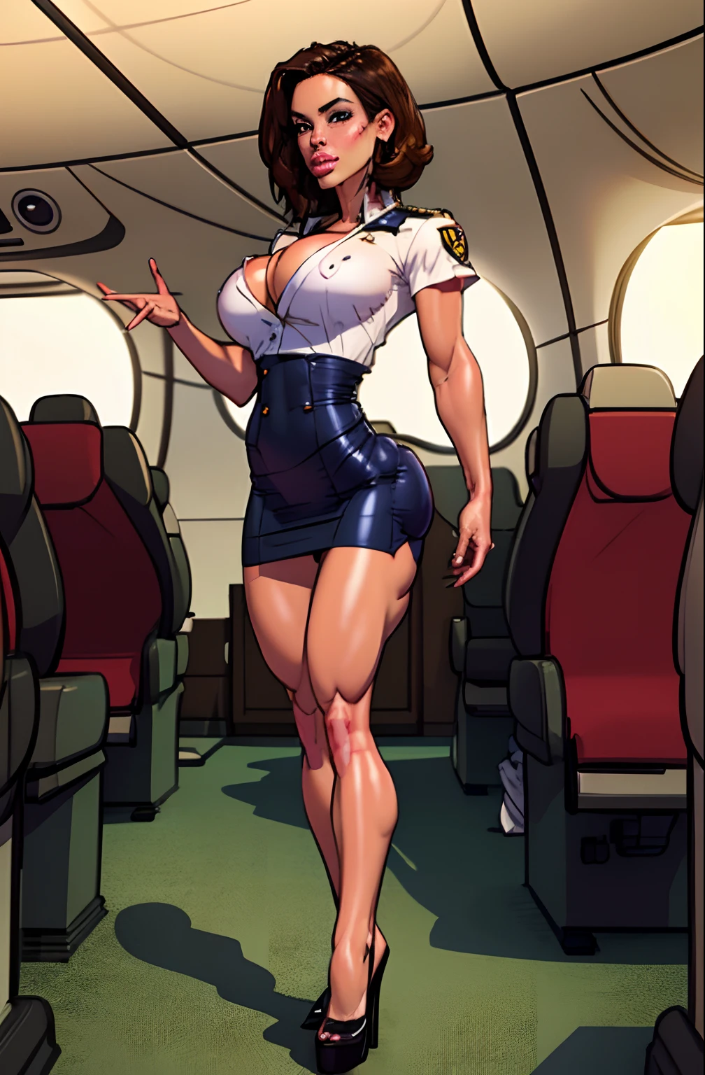 (Best quality, 8k, 32k, Masterpiece, UHD:1.2),Photo of Pretty Japanese woman, ((1 girl)), ((solo)) (medium-short dark brown hair), double eyelid, large breasts, breast cleavage, naked with sexy cabin attendant uniform, sexy tight uniform, short sleeve, short skirt, stockings, high heels, standing in airplane, look at viewer, faint smile, from below , crowd passenger
