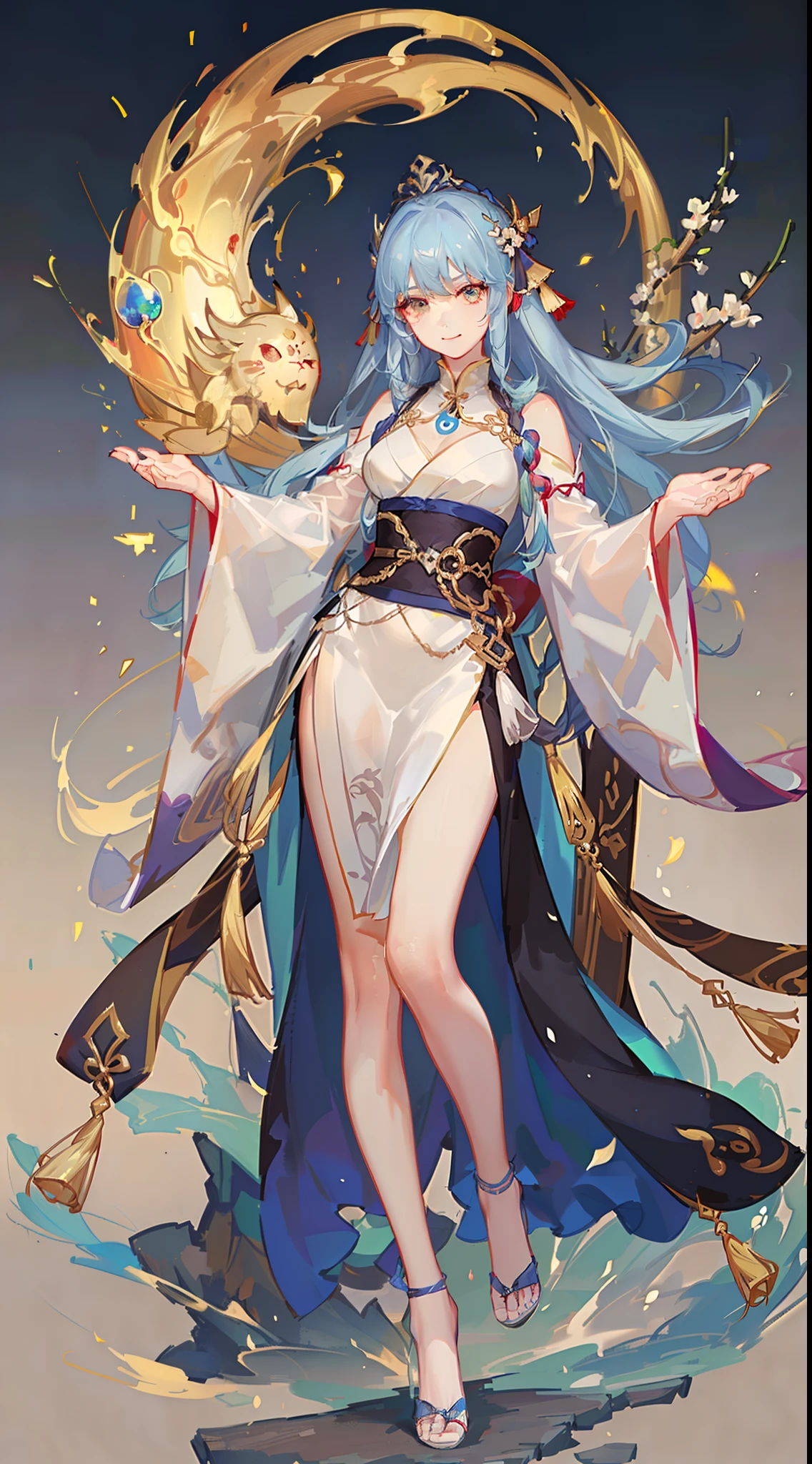 Ancient Hanfu，Dunhuang long dress，Dunhuang style，Fly Dunhuang，Wide robe with large sleeves，faeries，Step shake，Hairpins，Whole body diagram，head to toe，Bunched hair，crown of head，Hanfu，heroic look，Cold and glamorous，Indifferent eyes，Extremely beautiful，Handsome，Mature woman，Noble temperament，beautiful and seductive，Peerless beauty，Fine，perfect bodies，hair adornments，long whitr hair，Absolutely beautiful，Black belly，Smile，the detail，Perfect details，Detail portrayal
