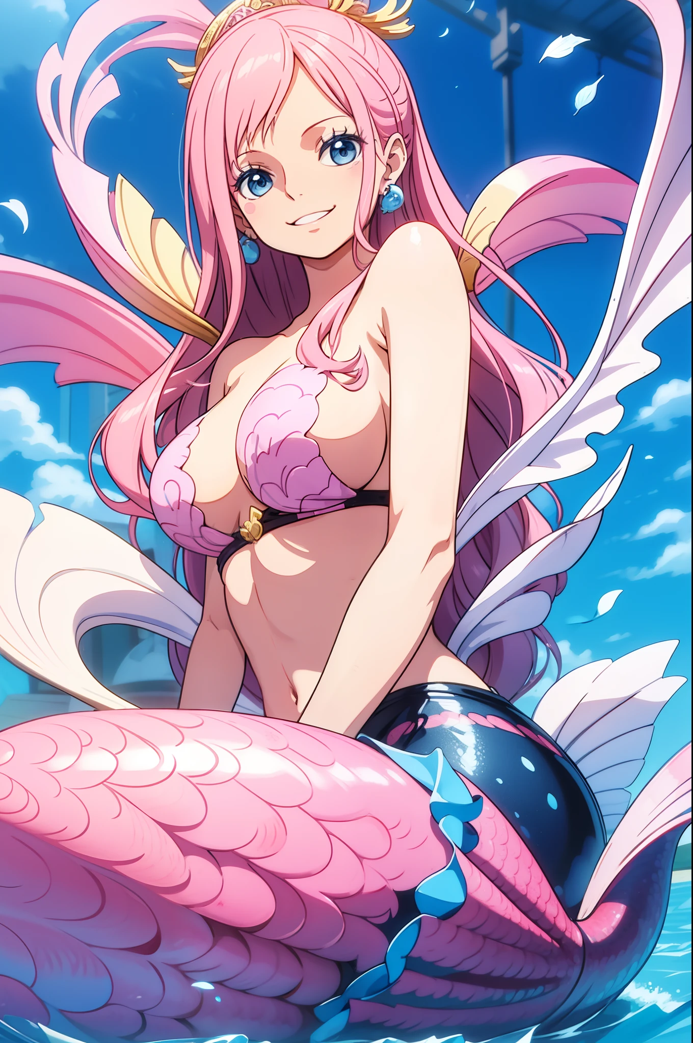 tmasterpiece,best qualtiy,mermaids,A pink-haired,ssmile,Shells on the breast,Blue fish tail