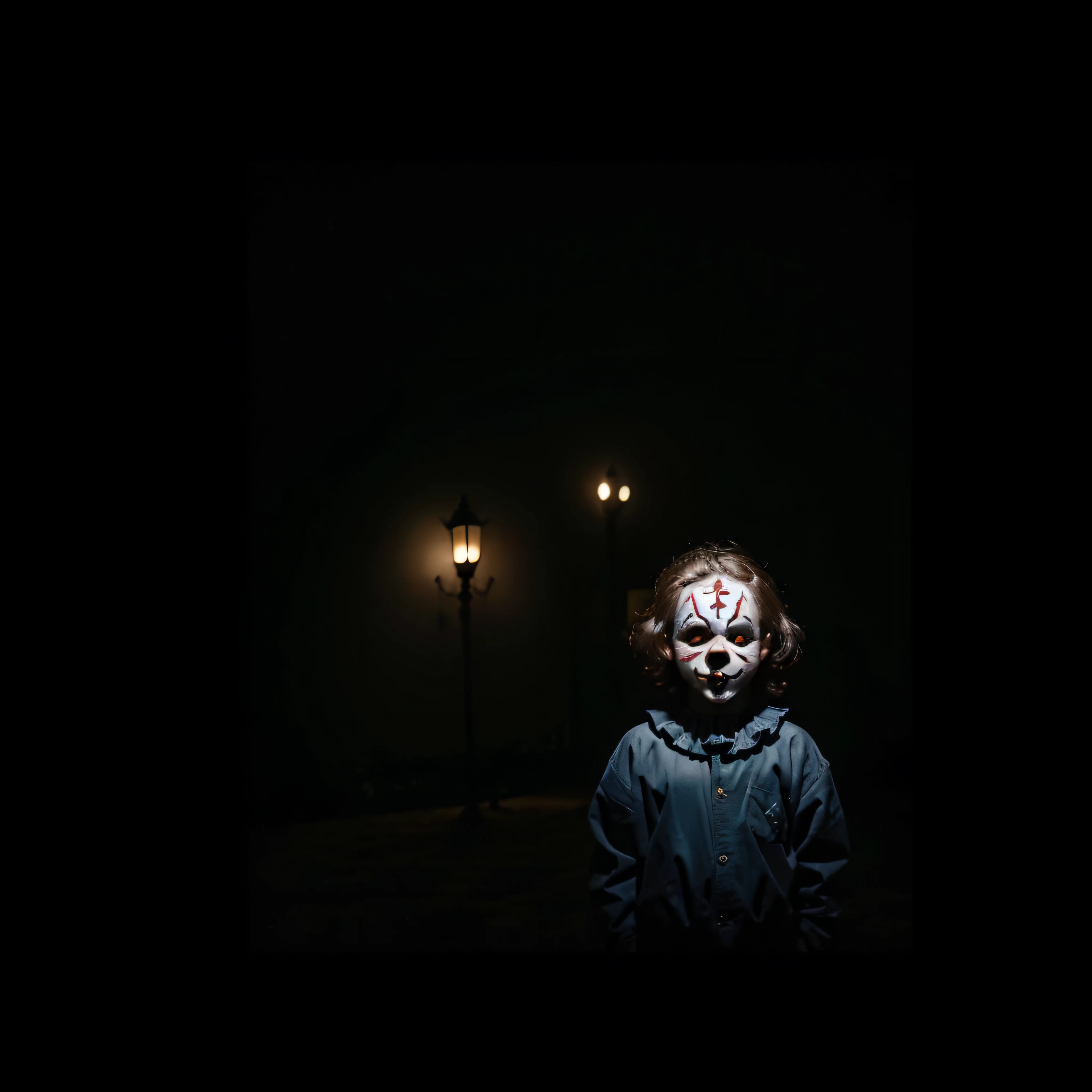 (extremadamente detallado, obra maestra, La mejor calidad, foto antigua, principios de siglo) dark kids with horror clown masks, colmillos, una linterna directa lo ilumina, bosque de noche. plano cercano. sangre por el suelo.