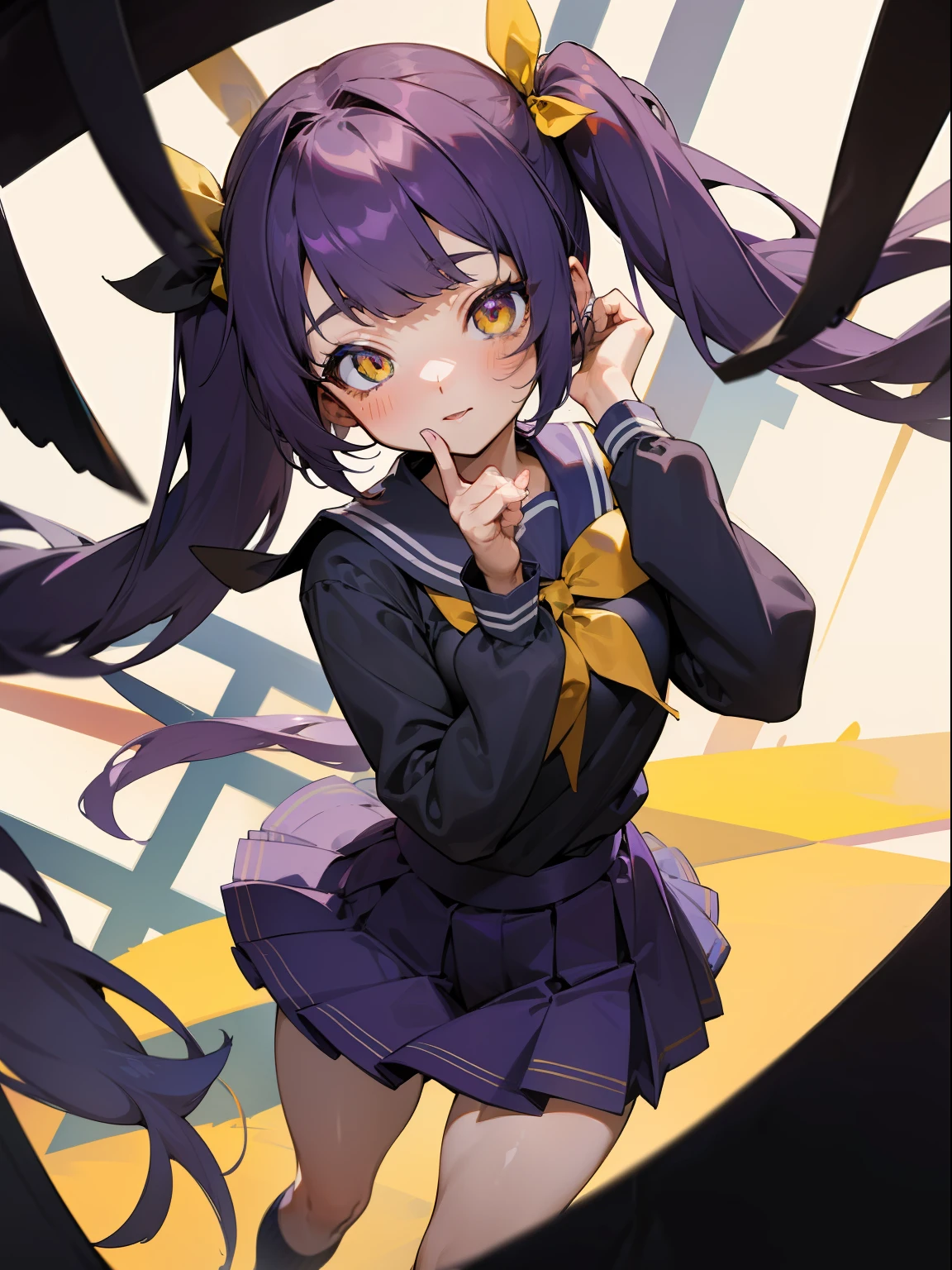 Bokeh, 4K, masterpiece, detailed eyes, perfect skin, flawless anime girl, pigtails, twin tails, dark purple hair, yellow eyes, left eye covered by bangs, long bangs, eye hidden, cute, feminine, , oppai loliortstack, large bust, facing camera, model, hidden left eye, covered eye, long fringe, high pigtails, high twin tails, unique pose, posing, dynamic, school uniform, seifuku, moving, very dark purple hair, short, big chest, slim legs