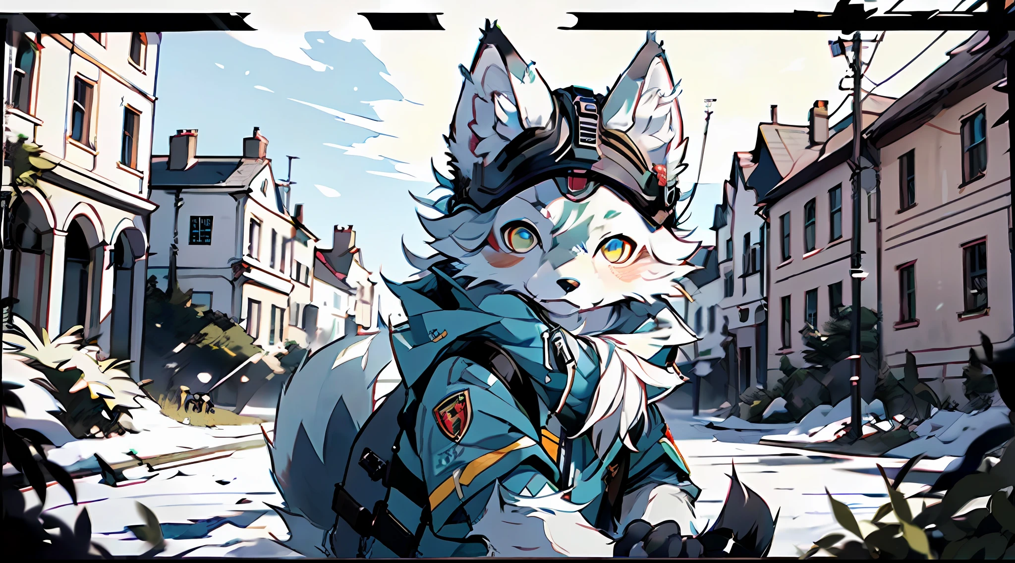 (Best Picture Quality), ((Sharpen 1.2)),(tmasterpiece), 4K分辨率,ultra-clear,The lines are obvious,(((Four-person squad))),(ultra - detailed),(hairy pubic), Hairy all over,furry,(Male Arctic fox:1.5), (Light blue fur:1.3),(Golden eyes), ((Canine paws)), ((Gray paws)),(Black and white ears),tack sharp focus,(The furry feeling of animal ears),Wearing soldier equipment,Wear a bulletproof vest,Wearing a soldier's helmet,wearing rifle on back,On the ruins of the battlefield,State of alert,