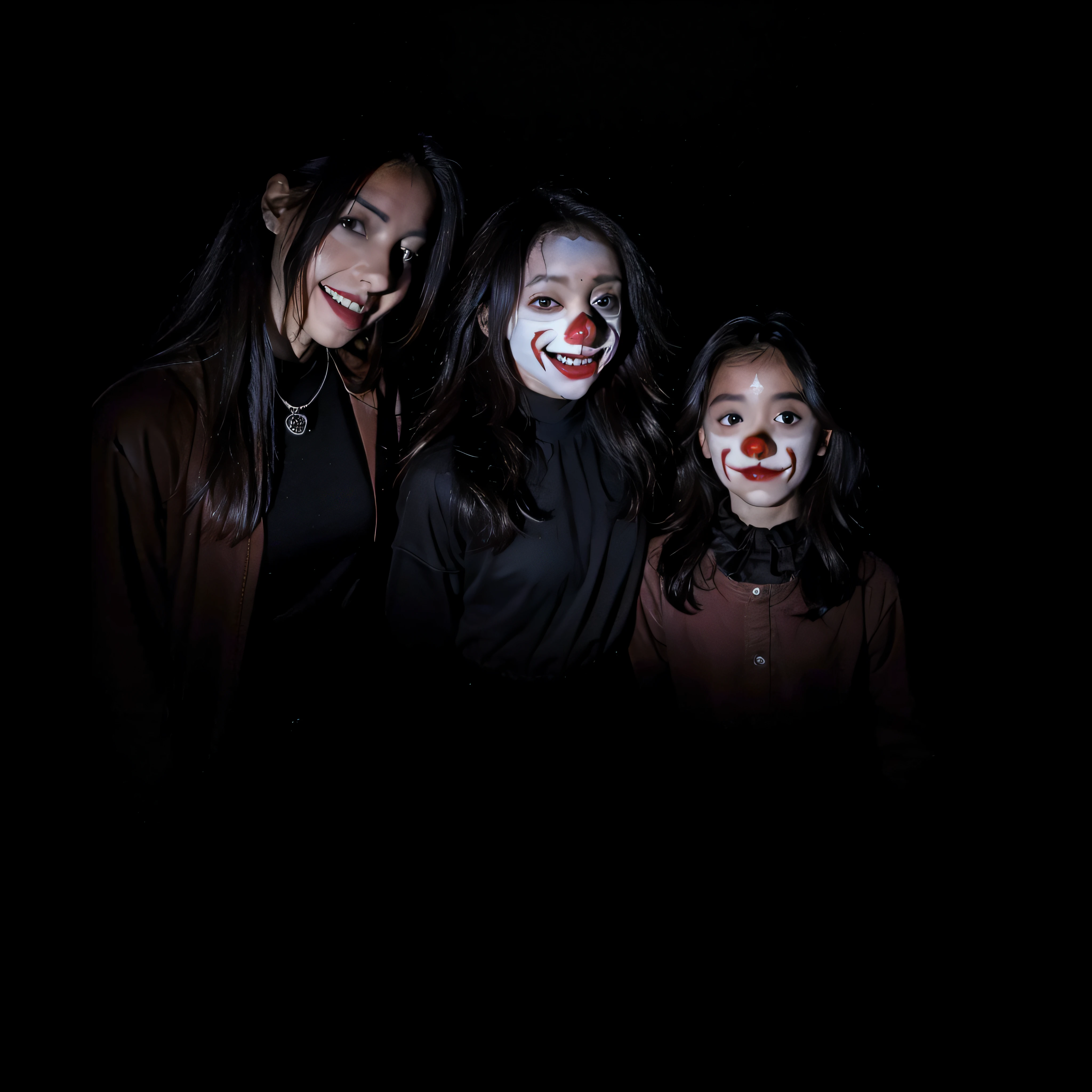 (extremadamente detallado, obra maestra, La mejor calidad, foto antigua, principios de siglo) dark kids with horror clown masks, colmillos, una linterna directa lo ilumina, bosque de noche. plano cercano. sangre por el suelo.