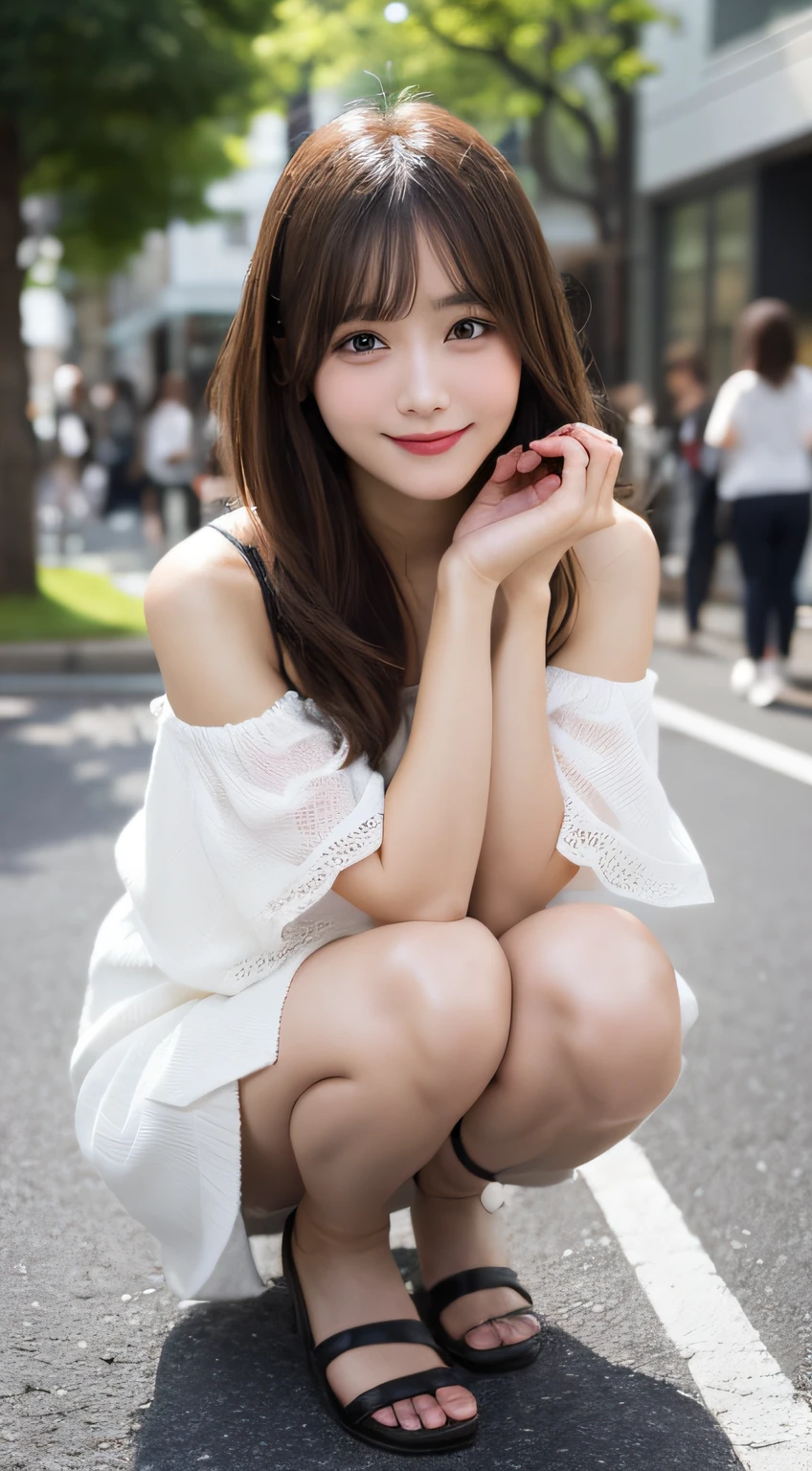 hight resolution, top-quality, Perfect dynamic composition, Beautiful detailed eyes, off shoulders、Radiant hair、Medium Hair, Natural Color Lip, college aged、Harajuku、A slight smil、Crouched figure、M-shaped legs