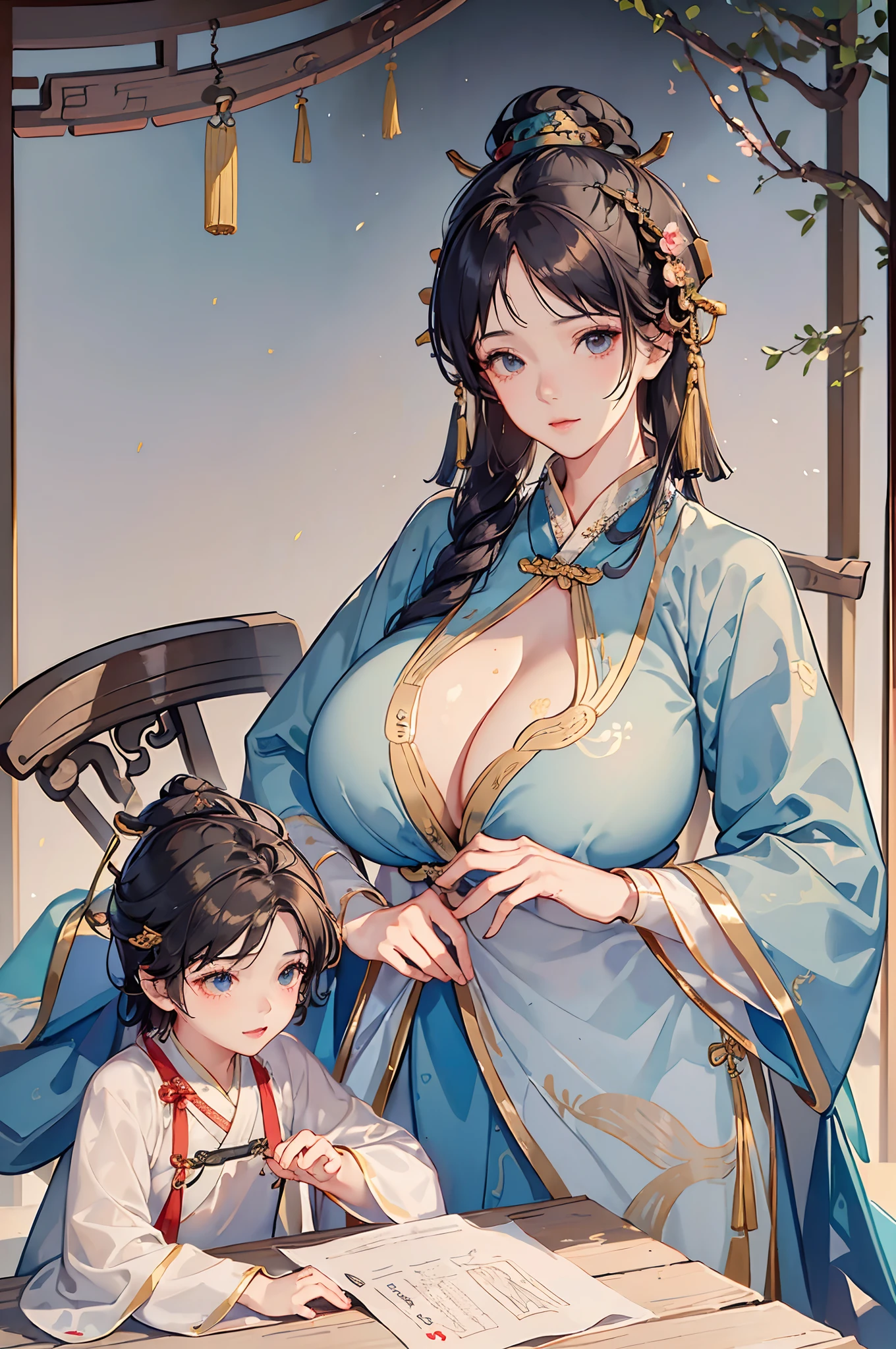Best picture quality,8K, ),(Close-up),(Han clothing, Hanfu :1.5),(Mother and son together:1.7) 1girll,Grasp with your hands,hug,(A ten-year-old boy:1.5),(1boys:1.3),{26-year-old lactating woman}, (Huge breasts:1.6), (Areola:2),ssmile,In a tea house,east asian architecture,China,熟婦,A MILF,married woman,obsessed,large tall,huge tit,Giant buttocks,Curvy female body,is very beautiful,Mature face,Mature charm,徐娘半老,Wet and transparent sexy nightdress