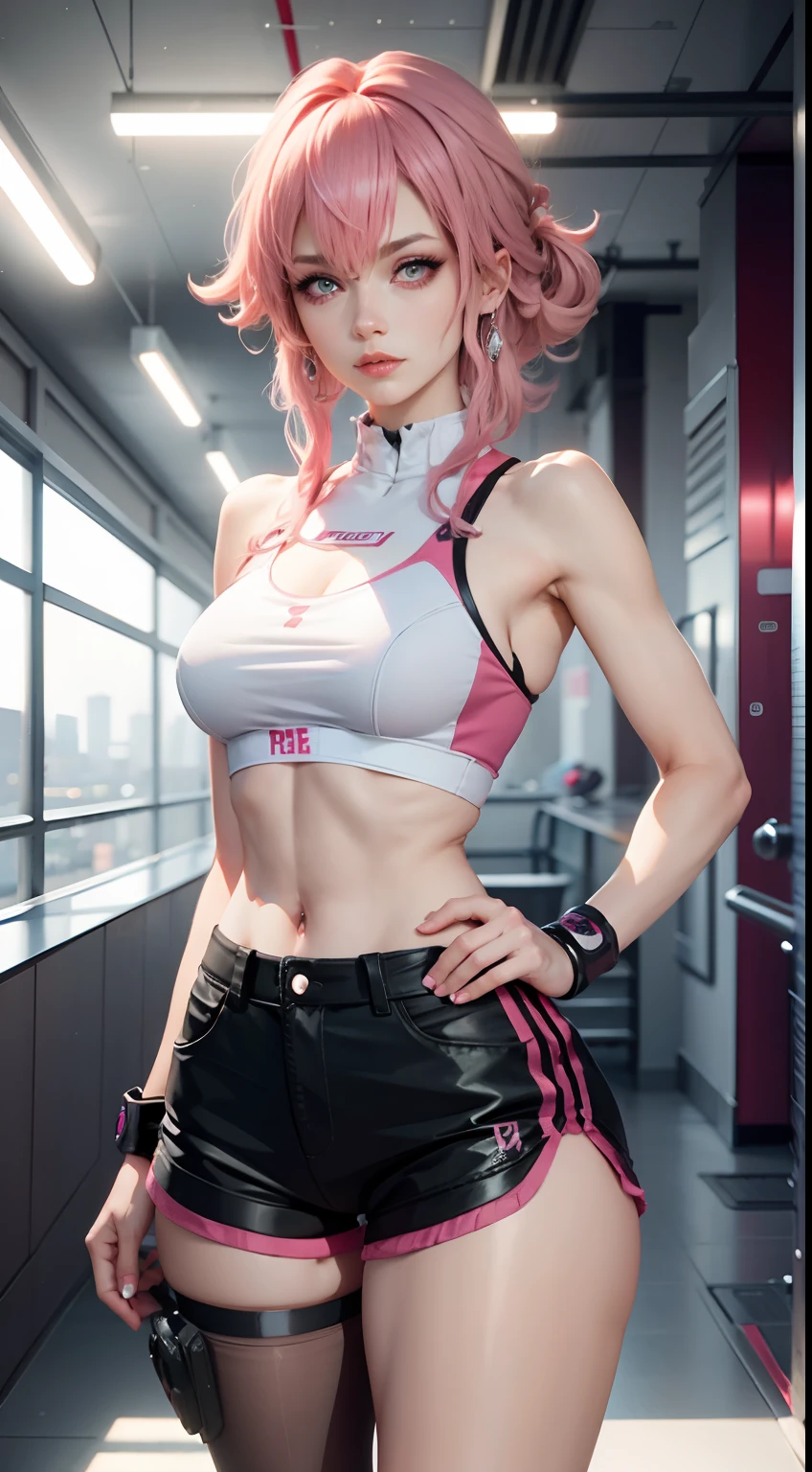 Beautiful woman, 1 girl, pink hair woman, fighting stance, black pantyhose, black gloves, sports bra, jewelry, shorts, J thighs. pink hair, drills, asymmetrical hair,