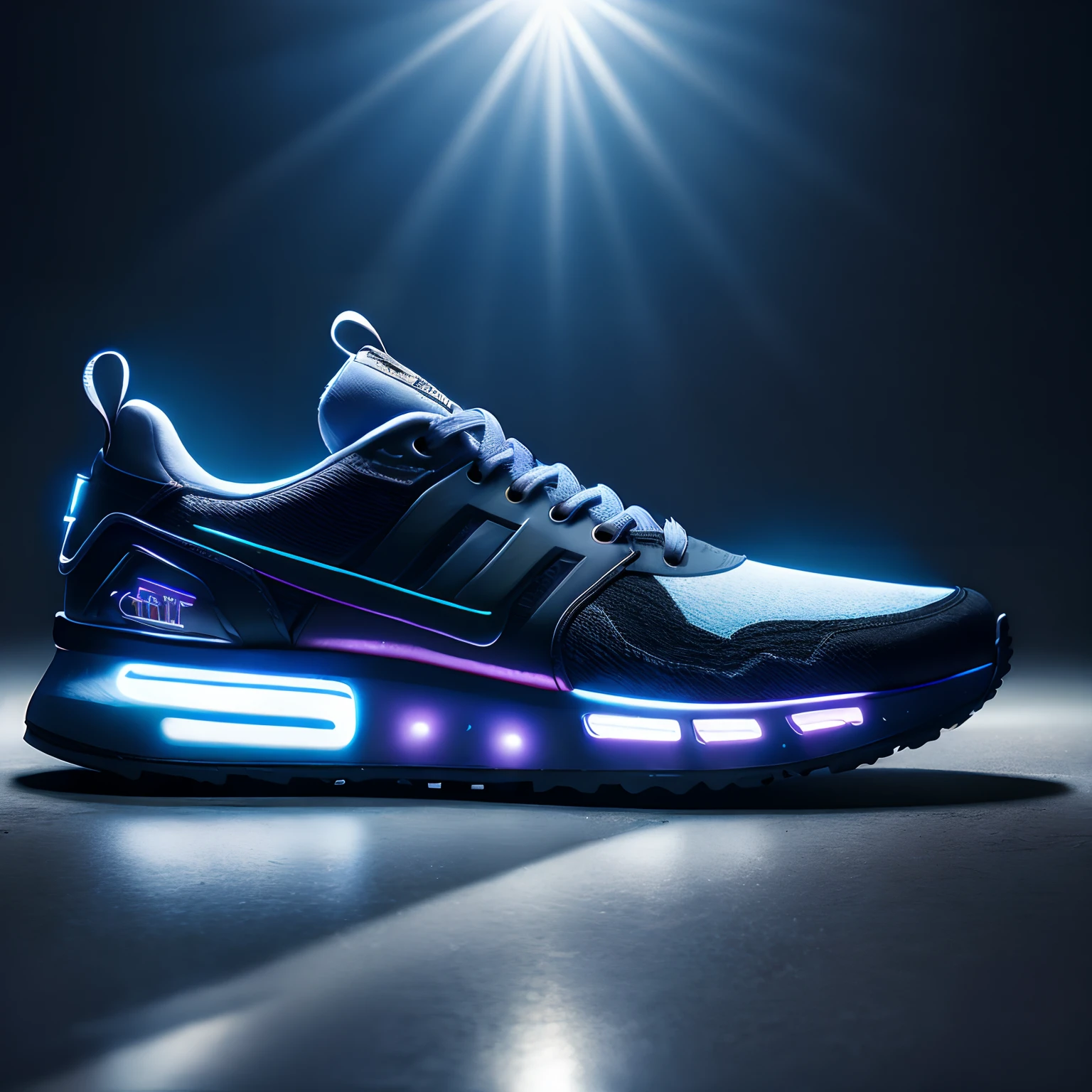 product photography of a cybepunk sneakers, epic render, octane, atmosphere, particles, soft volumetric lights, (backlit:1.3), (cinematic:1.3), intricate details, (ArtStation:1.3)