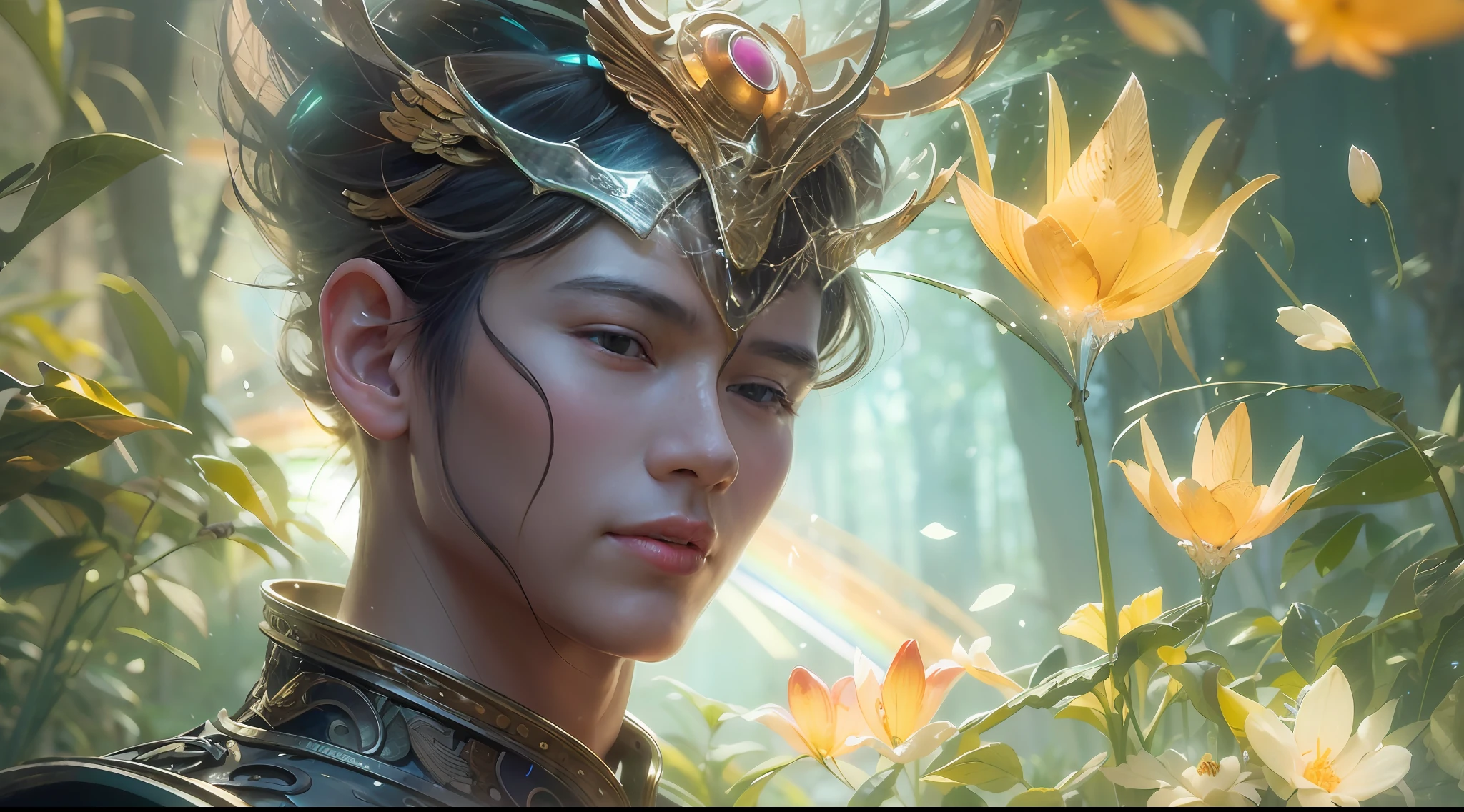 1boy, photo of very very handsome suave smiling young 25-year-old male Chinese prince, clothed in futuristic cybernetic armor, wearing a large futuristic crown, walking in an ethereal enchanted forest with neon glowing flowers and a rainbow in the sky, sci-fi, intricate, neon light, ((perfect face)), ((perfect hands)), ((perfect body)), ((correct anatomy)), ((ultra-realistic)), ((8k, UHD)), highly detailed, digital painting, artstation, concept art, human anatomy, soft light, smooth, illustration, art by tian zi and craig mullins and WLOP and alphonse mucha