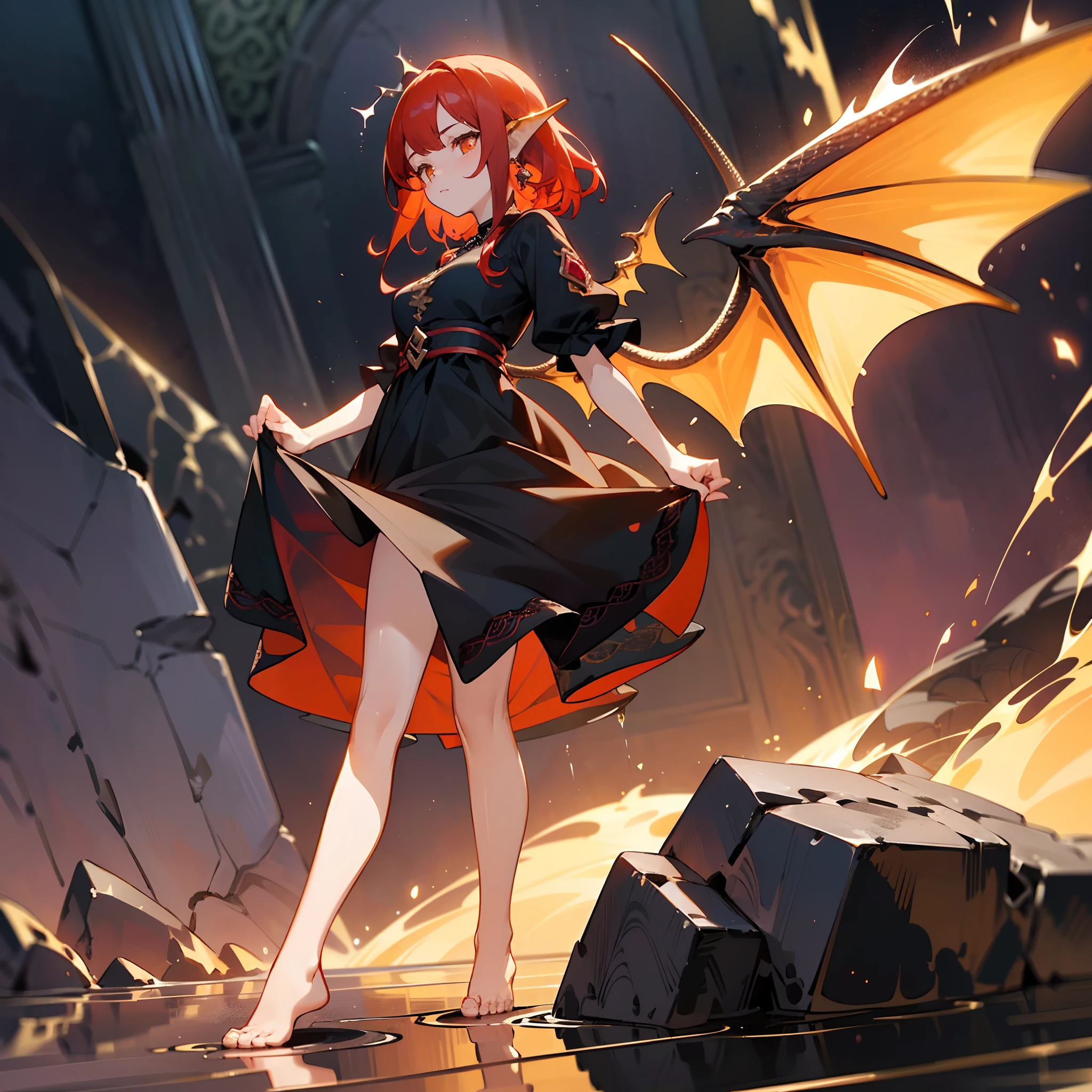 high high quality，tmasterpiece，Delicate facial features，Delicate hair，Delicate eyes，Delicate hair，A high resolution,beautifuldetails,Excellent human anatomy,(1 girl:1.3),Solo,full bodyesbian,(//Dragon female(Dragon horn,Dragon wings):1.3//),Red hair,Orange eyes,Ruby jewelry necklace,(Loli,kiddy big breasts,little gril),Black lace dress(The dress has a pannier),Bare feet,volcano background,(Stand on the floor made of black stone:1.3)+(Splashing magma everywhere:1.3)+(Spark!),(Golden ratio:1.2),[(Red background:1.4)::10]