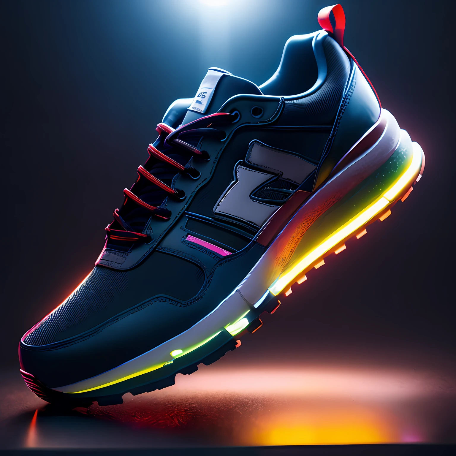 product photography of a cybepunk sneakers, epic render, octane, atmosphere, particles, soft volumetric lights, (backlit:1.3), (cinematic:1.3), intricate details, (ArtStation:1.3)