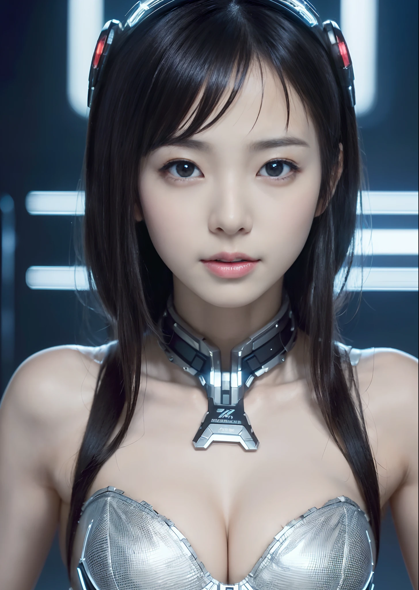 NSFW,((top-quality、in 8K、​masterpiece:1.3))Wearing a silvery-white mech，Girl with a delicate face，The highest image quality，ultraclear，Facial features are delicate and clear，Armageddon，machine arms，exquisitedetails，(cammel toe)、Mechanical pattern,cyberpunked、Cyber City、digital、century、tron