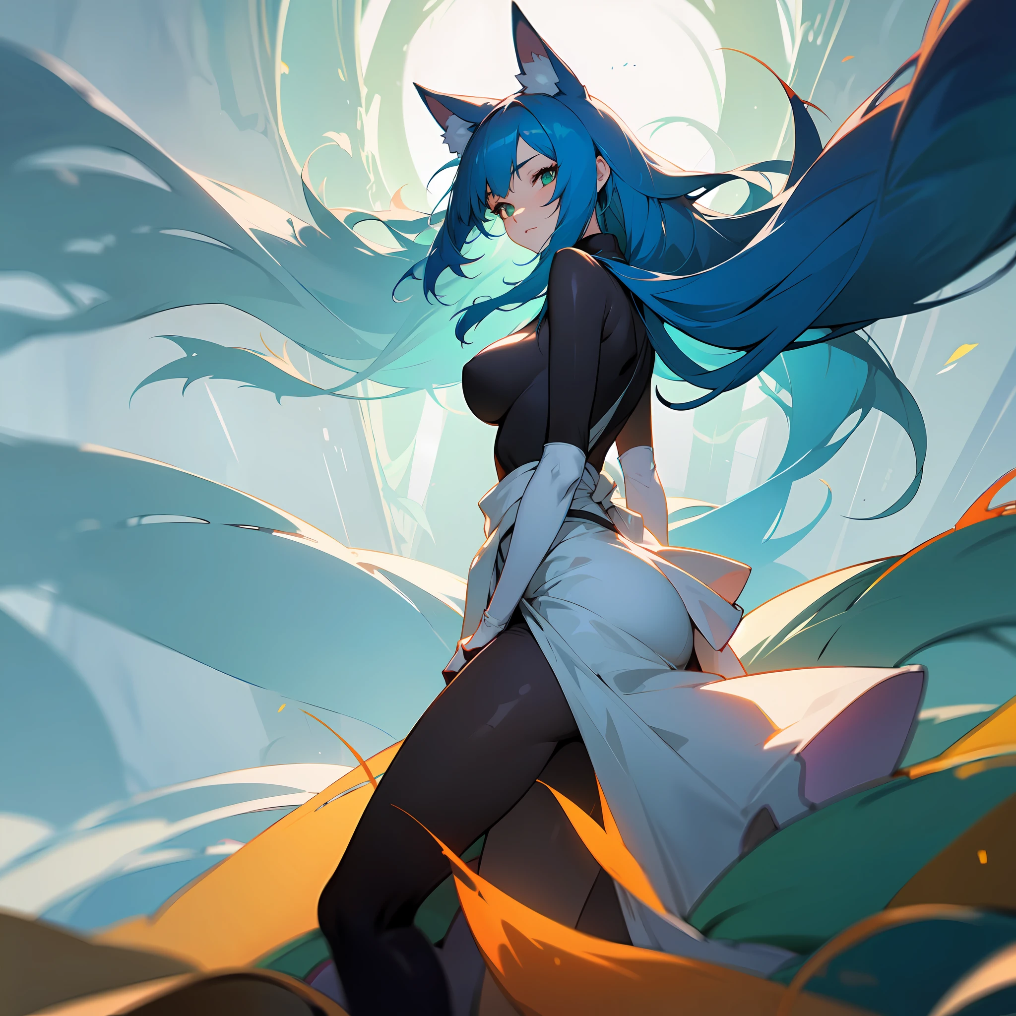 trending on artstation, trending on midjourney, award winning, timeless art work, masterpiece, genius, worldclass, extra ordinary, aesthetic, beautiful, stunning, brilliant, cinematic, dynamic, cinematic lighting, inspirational, 4k resolution, 8k resolution, artstation hd, artstation hq, 1 girl, huge breasts, blue hair, green hair, long hair, multicolored hair, virgin killer sweater, fox girl, multiple tails, forest, character, solo,