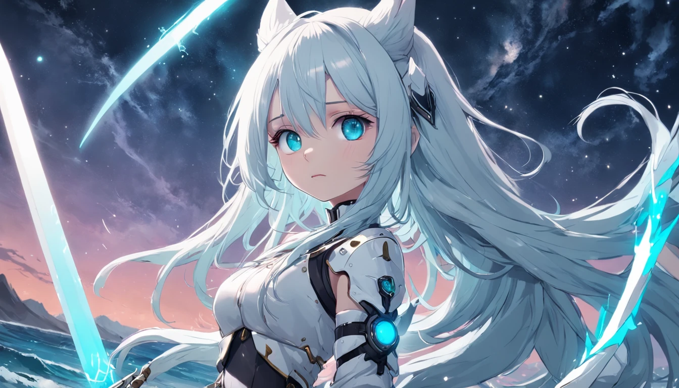 Silver hair, long hair, blue eyes, cute face,sexy,White leather jacket , G_CUP(HUGE_BREASTS) , White fox ears, nine white fox tails, There is a white fox mask on the top right of the head