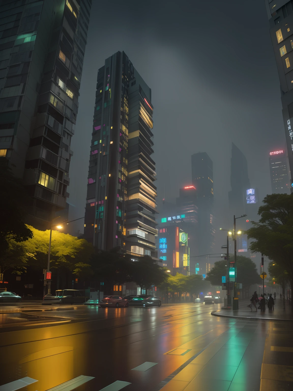 Green light and night view of city streets with high-rise buildings, in city street at night, city at night in the rain, street city night, busy wet street at night, rainy city at night, rainy night city street, 2 4 mm iso 8 0 0 color, Reminiscent《bladerunner》, the neat and dense buildings, High-rise buildings。(popup book:1.5),Tilt-Shift, Soft lighting，Oriental elements, Dreamy, Pastel colors, Bright colors, Traditional Chinese color scheme, ( reasonable design, Clear lines, High sharpness,Best quality, Very detailed, Masterpiece, offcial art, movie light effect, 4K )