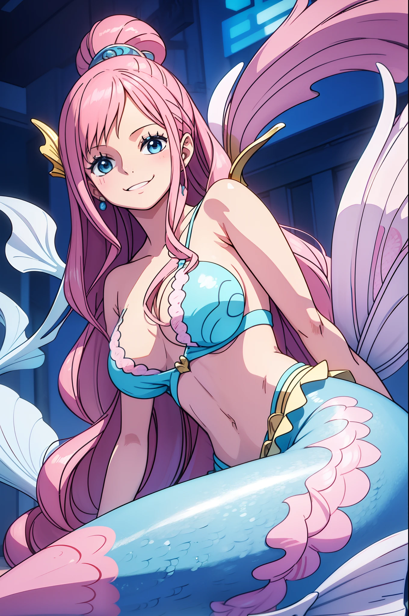 tmasterpiece，best qualtiy，mermaids，A pink-haired，ssmile，Shells on the breast，Blue fish tail