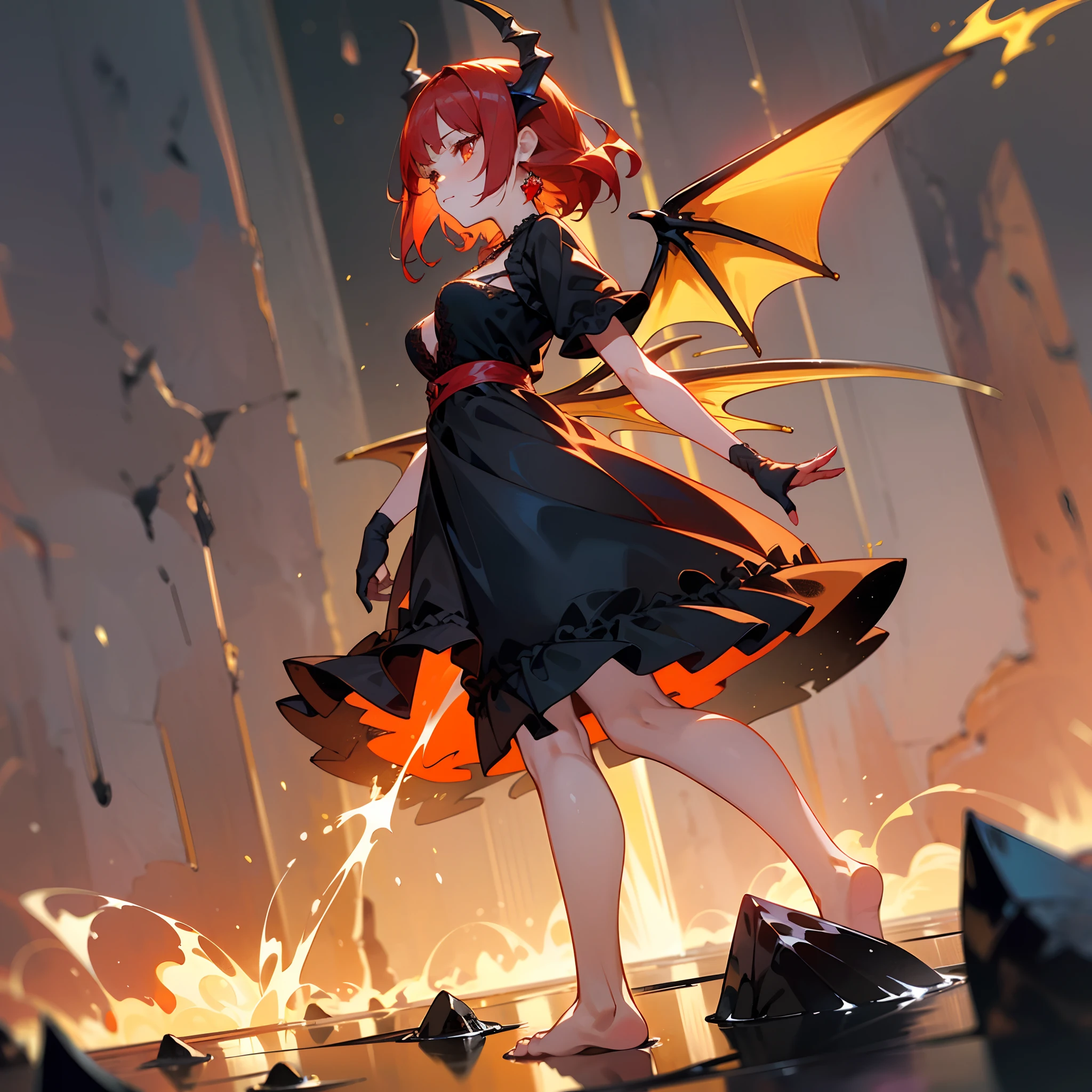 high high quality，tmasterpiece，Delicate facial features，Delicate hair，Delicate eyes，Delicate hair，A high resolution,beautifuldetails,Excellent human anatomy,(1 girl:1.3),Solo,full bodyesbian,(//Dragon female(Dragon horn,Dragon wings):1.3//),Red hair,Orange eyes,Ruby jewelry necklace,(Loli,kiddy big breasts,little gril),Black lace dress(The dress has a pannier),Bare feet,volcano background,(Stand on the floor made of black stone:1.3)+(Splashing magma everywhere:1.3)+(Spark!),(Golden ratio:1.2),[(Red background:1.4)::10]